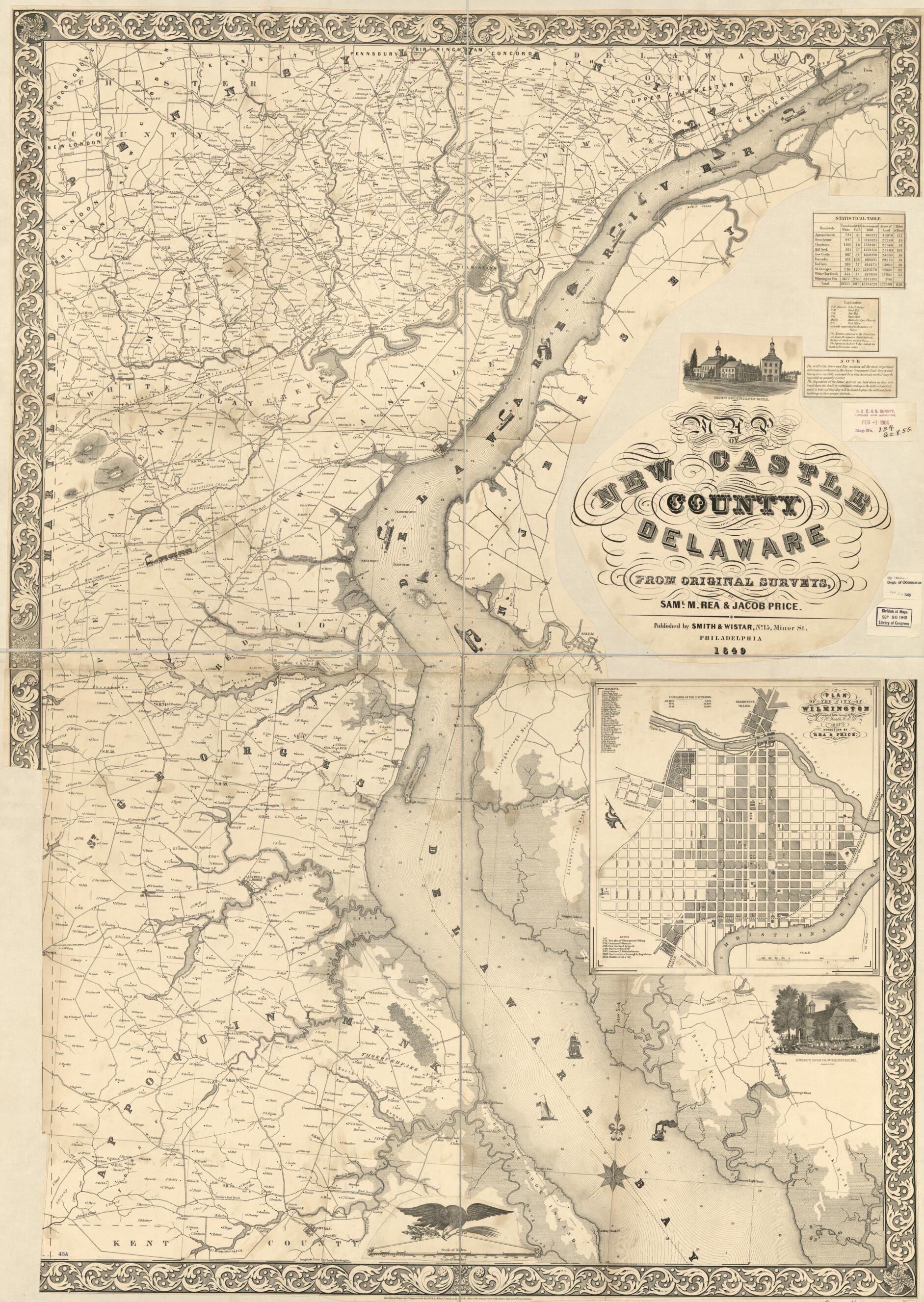 This old map of Map of New Castle County, Delaware : from Original Surveys from 1849 was created by Jacob Price,  Rea &amp; Price, Samuel M. Rea, George Read Riddle,  Smith &amp; Wistar, Robert Pearsall Smith in 1849