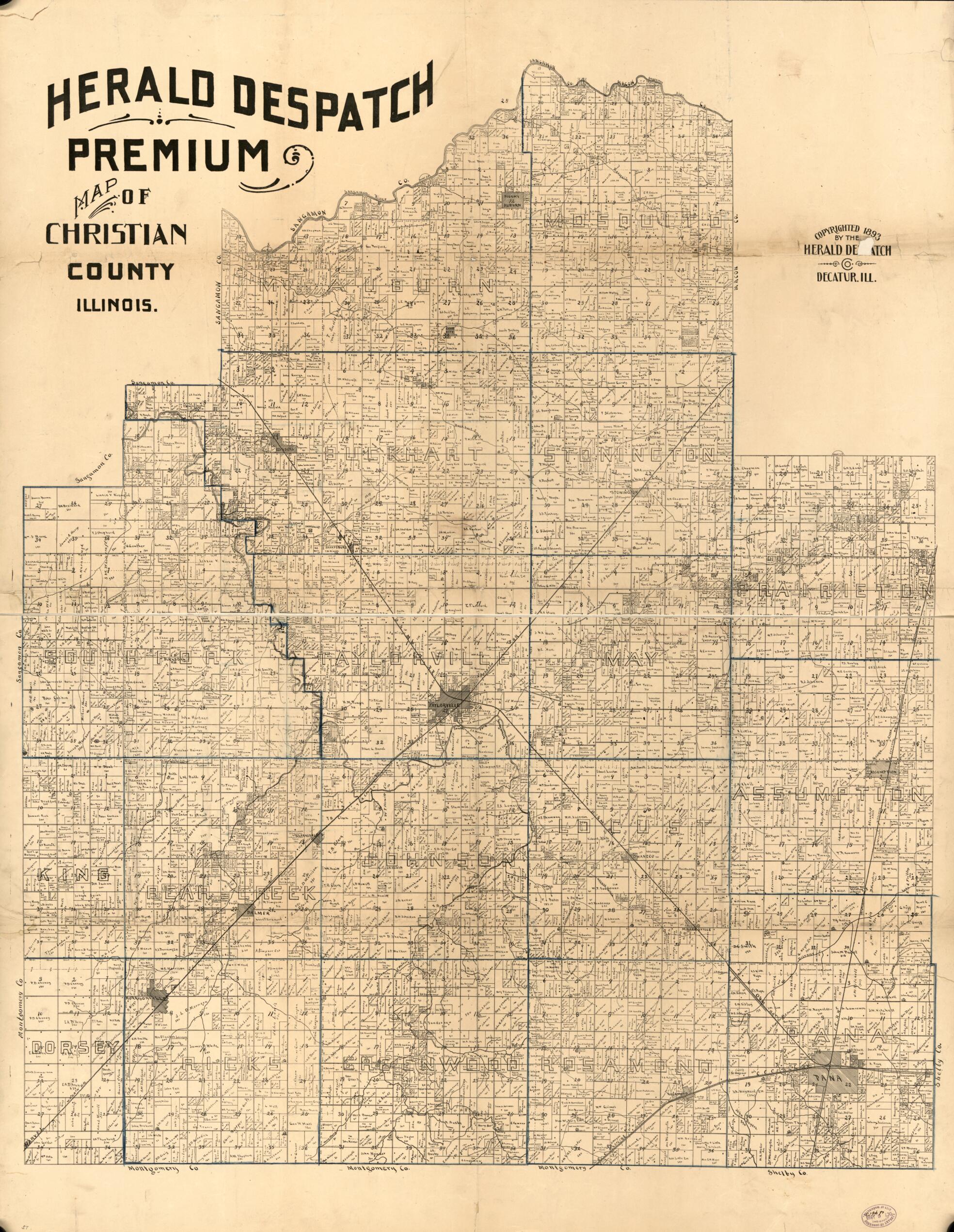 This old map of Herald Despatch Premium Map of Christian County, Illinois from 1893 was created by  Herald Despatch Co in 1893