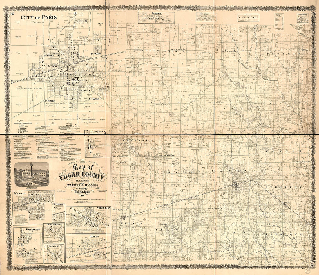 This old map of Map of Edgar County, Illinois from 1870 was created by F. (Frederick) Bourquin,  Warner &amp; Higgins,  Worley &amp; Bracher in 1870