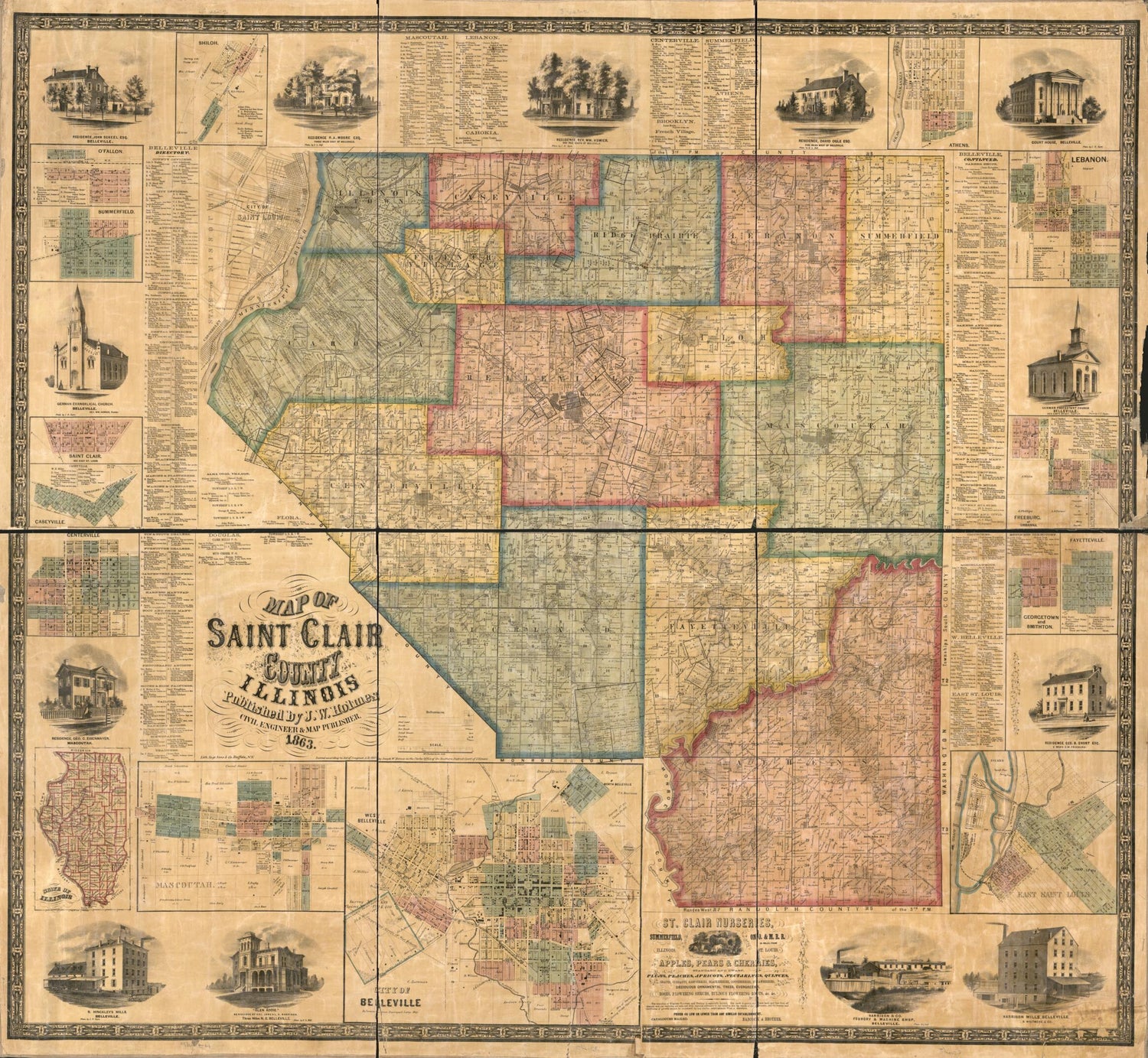 This old map of Map of Saint Clair County, Illinois from 1863 was created by J. W. (Joseph W.) Holmes in 1863