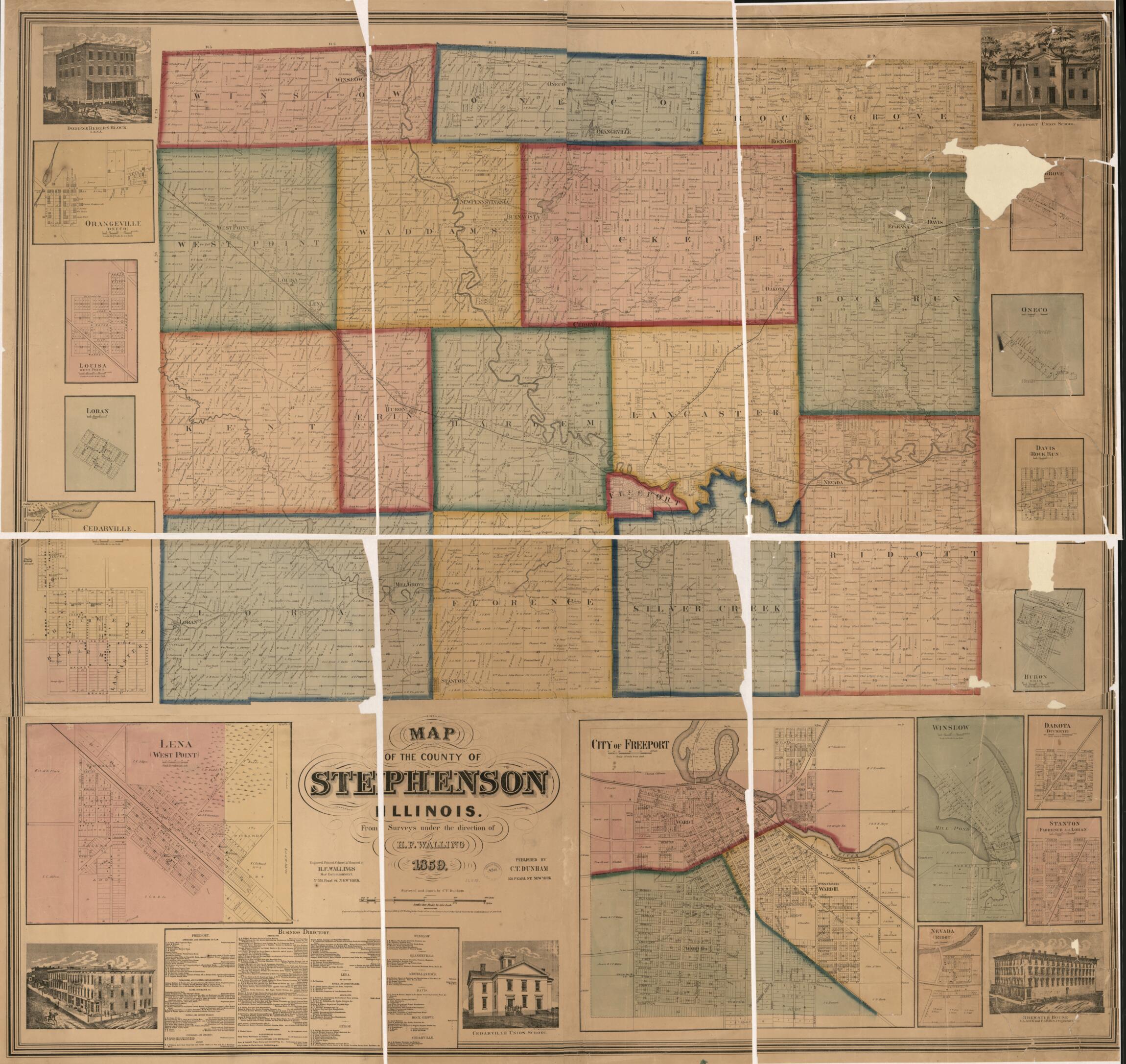 This old map of Map of the County of Stephenson Illinois from 1859 was created by Henry Francis Walling in 1859