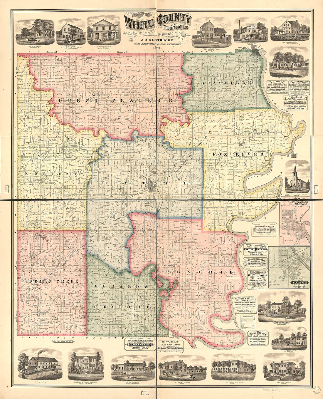 This old map of Map of White County, Illinois from 1871 was created by J. B. Westbrook in 1871
