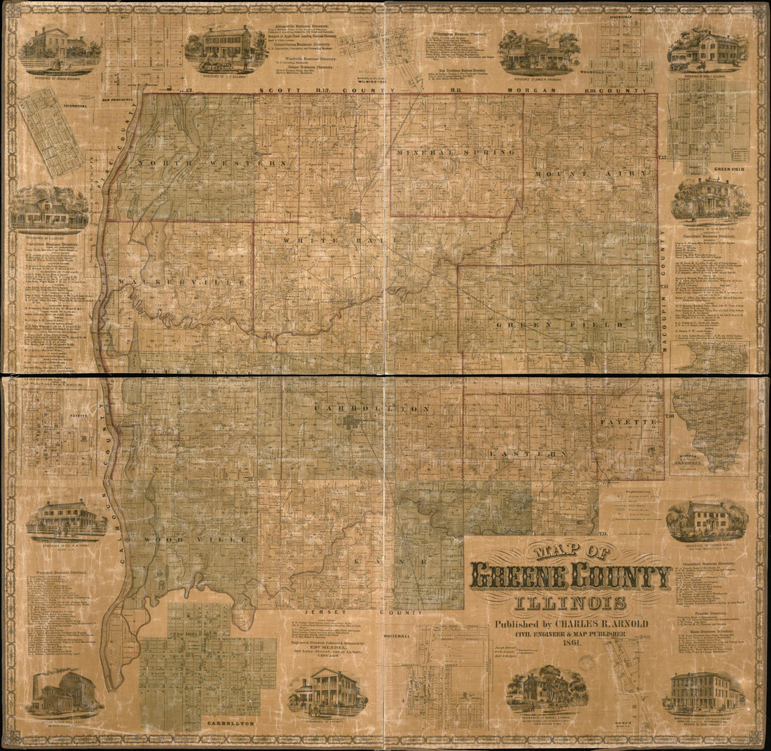 This old map of Map of Greene County, Illinois from 1861 was created by Charles R. Arnold, Edward Mendel in 1861