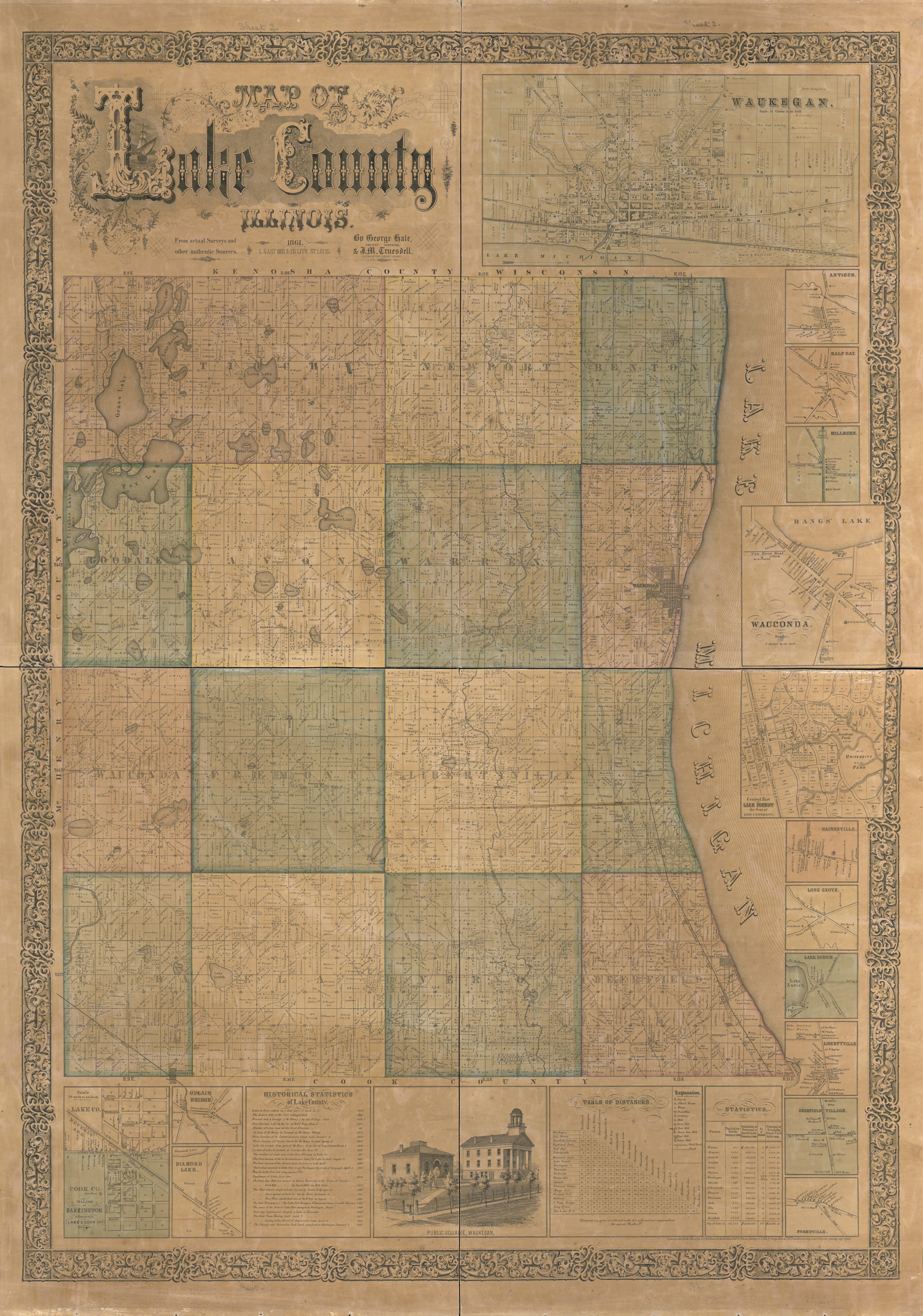 This old map of Map of Lake County, Illinois from 1861 was created by George Hale in 1861