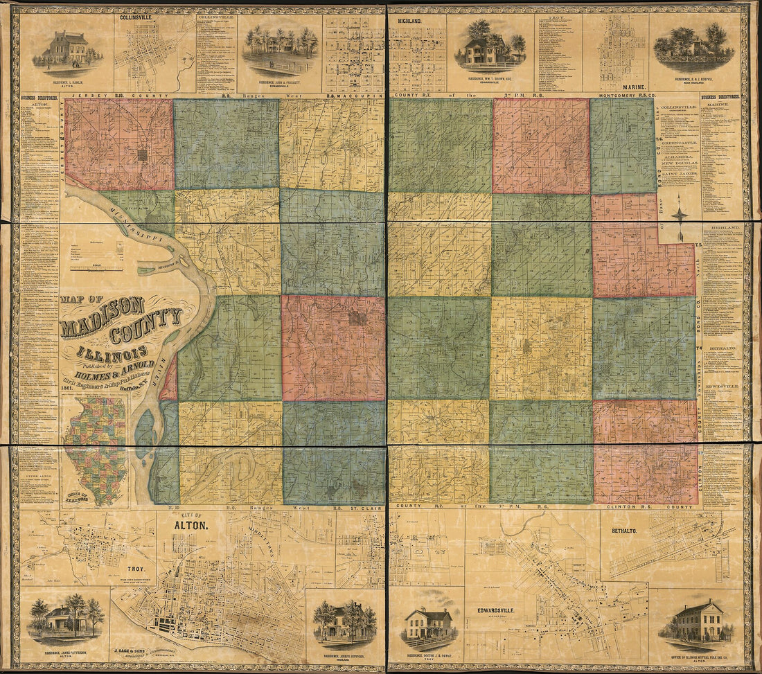 This old map of Map of Madison County, Illinois from 1861 was created by  Holmes &amp; Arnold in 1861