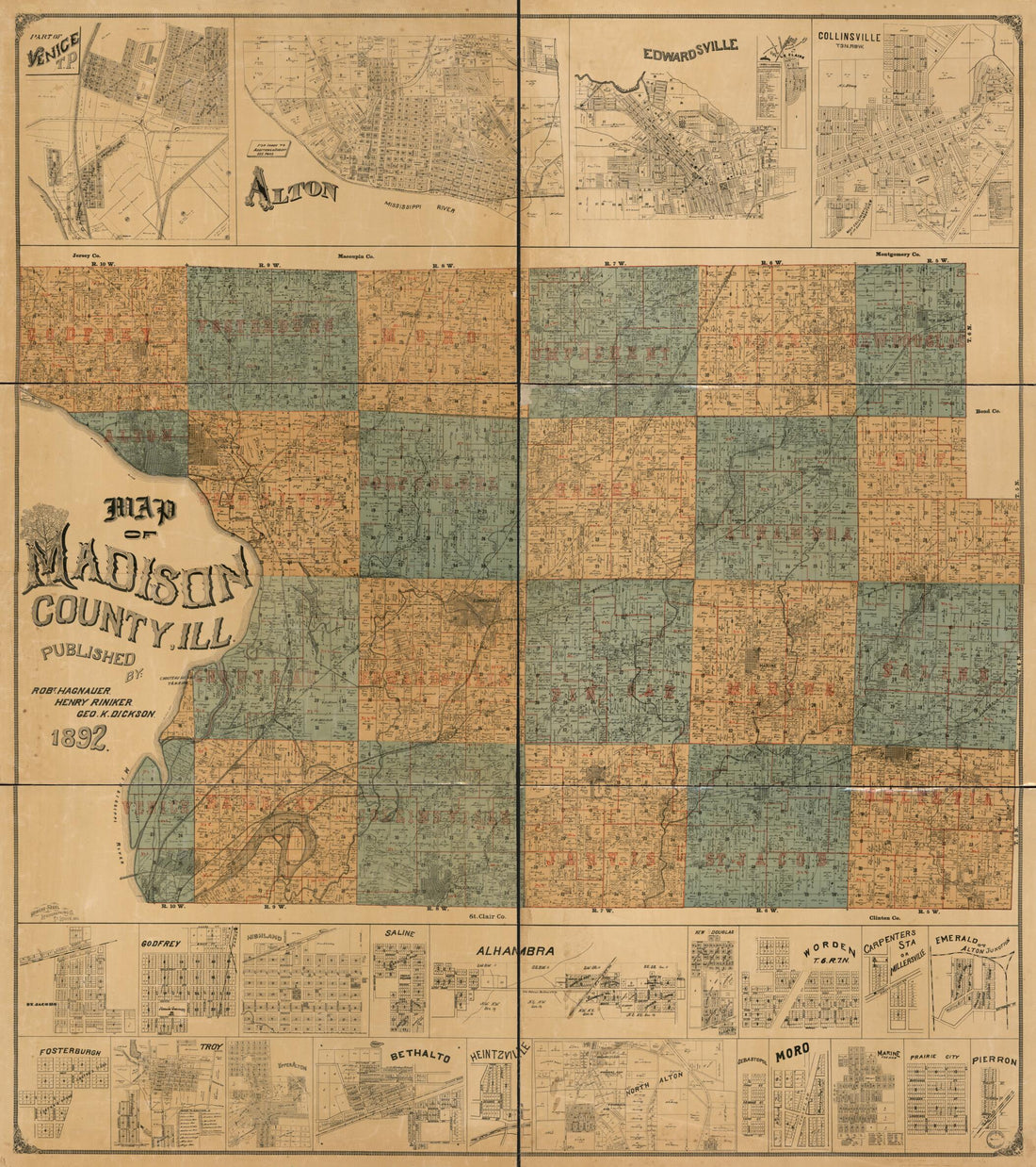 This old map of Map of Madison County, Ill from 1892 was created by Robt Hagnauer in 1892