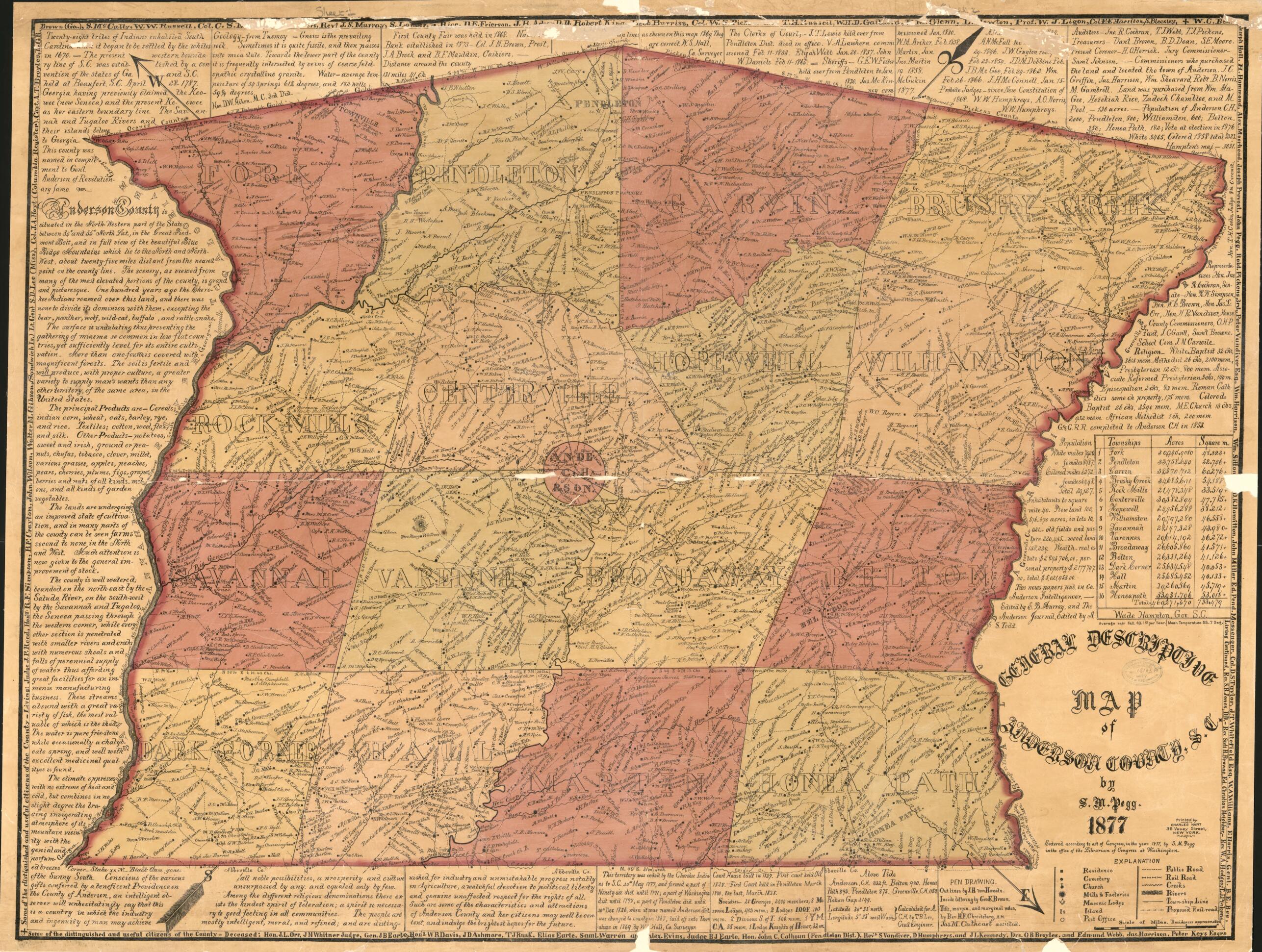 This old map of General Descriptive Map of Anderson County, S.C (Descriptive Map of Anderson County, S.C., Map of Anderson County, S.C.) from 1877 was created by George B. Brown, S. M. Pegg, J. H. Von Hasseln in 1877