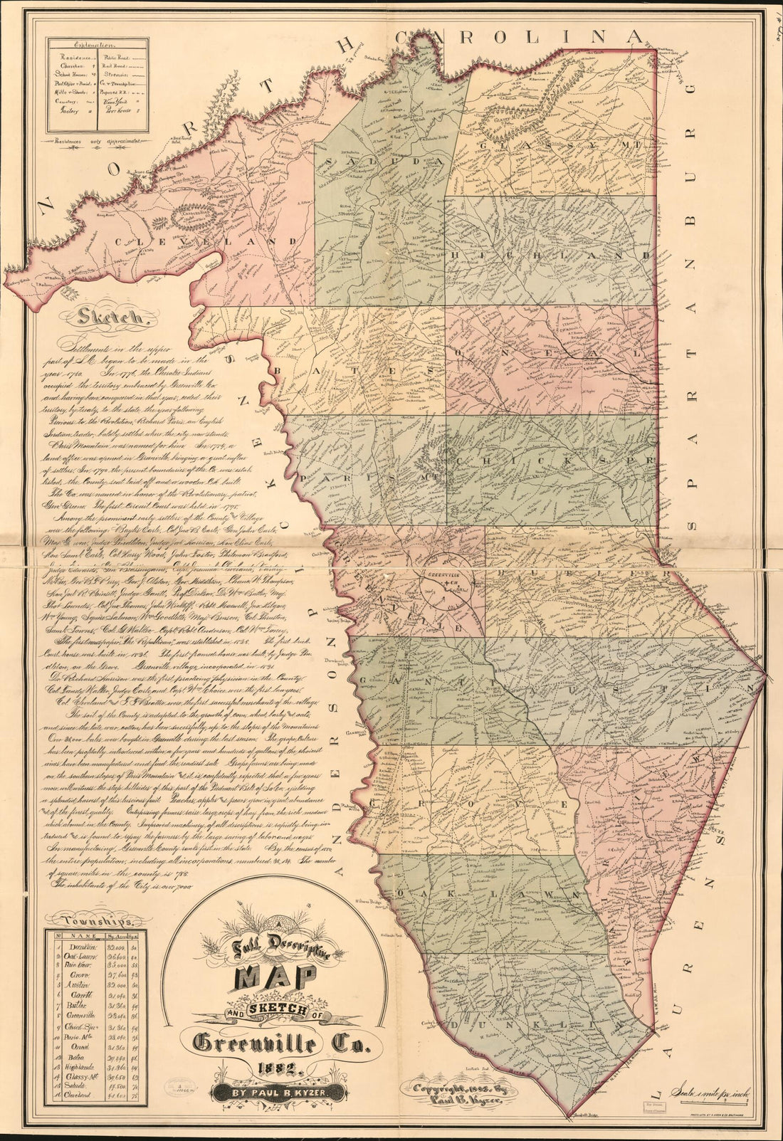 This old map of A Full Descriptive Map and Sketch of Greenville Co. (Descriptive Map and Sketch of Greenville County) from 1882 was created by Paul B. Kyzer in 1882