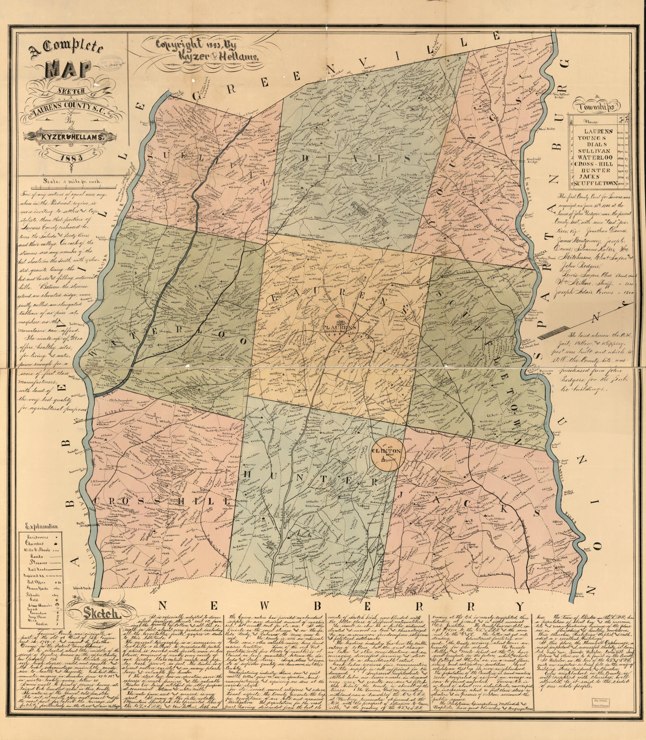 This old map of A Complete Map and Sketch of Laurens County, S.C. (Map and Sketch of Laurens County, South Carolina, Map of Laurens County, South Carolina) from 1883 was created by  Kyzer &amp; Hellams in 1883