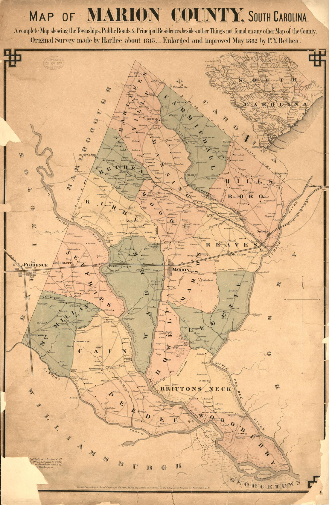 This old map of Map of Marion County, South Carolina : a Complete Map Showing the Townships, Public Roads &amp; Principle Residences, Besides Other Things Not Found On Any Other Map of the County (Marion County, South Carolina) from 1882 was created by P. Y. Bethea, Thomas Harlee in 1882