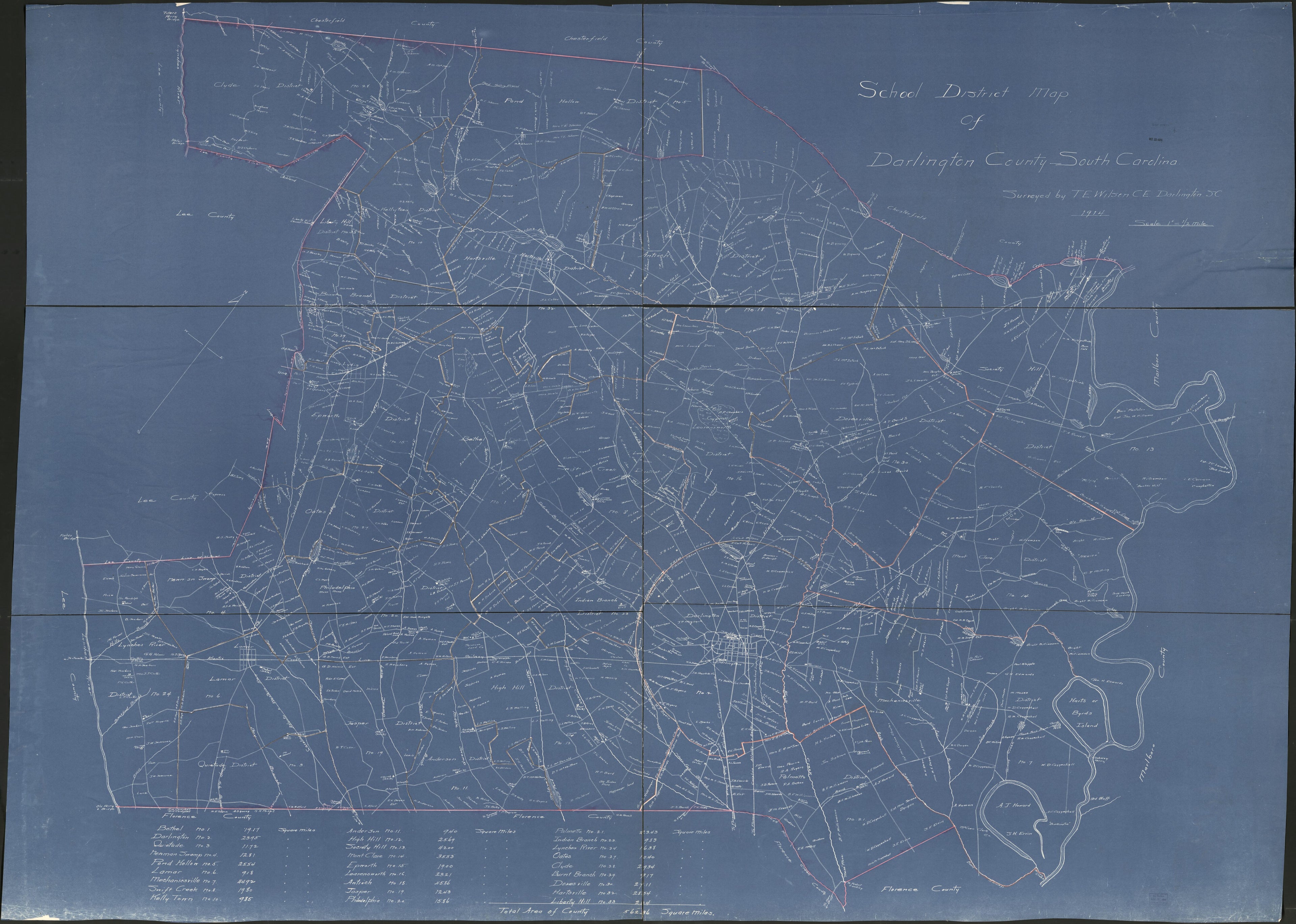 This old map of School District Map of Darlington County, South Carolina from 1914 was created by T. E. Wilson in 1914