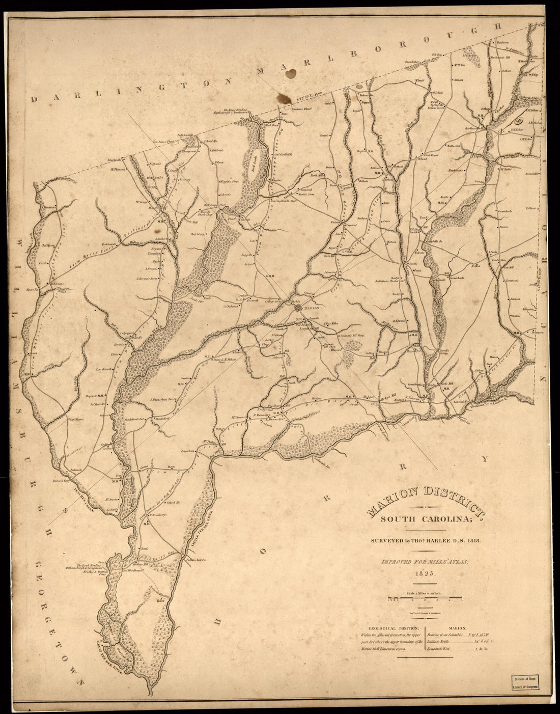 This old map of Marion District, South Carolina from 1825 was created by Thomas Harlee, Robert Mills, Henry Schenck Tanner in 1825