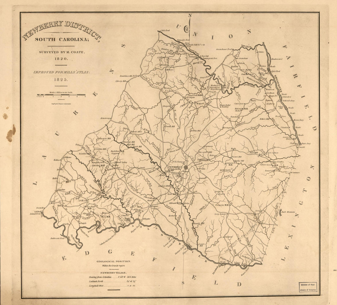 This old map of Newberry District, South Carolina from 1820 was created by Marmaduke Coate, Robert Mills, Henry Schenck Tanner in 1820