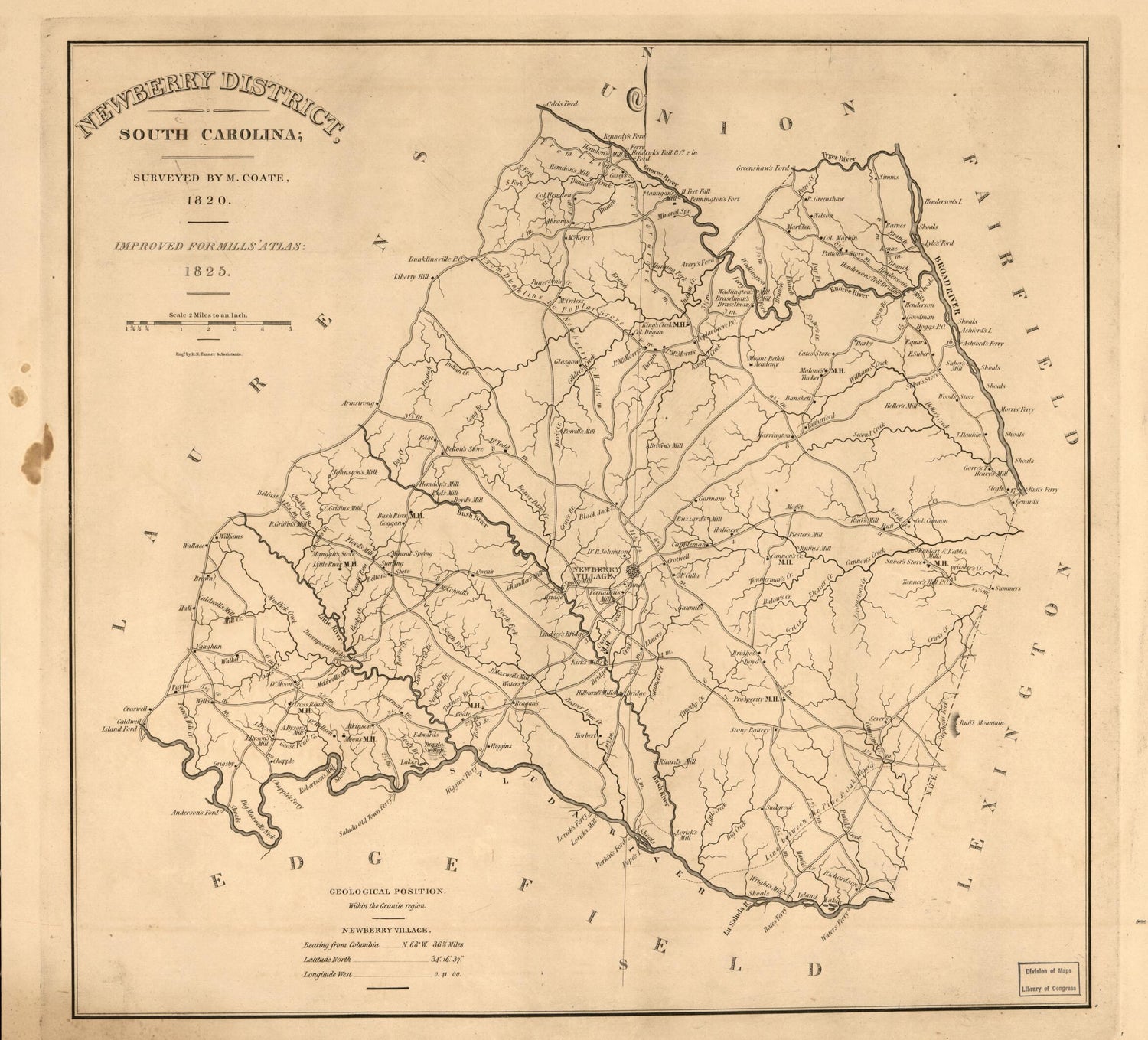 This old map of Newberry District, South Carolina from 1820 was created by Marmaduke Coate, Robert Mills, Henry Schenck Tanner in 1820