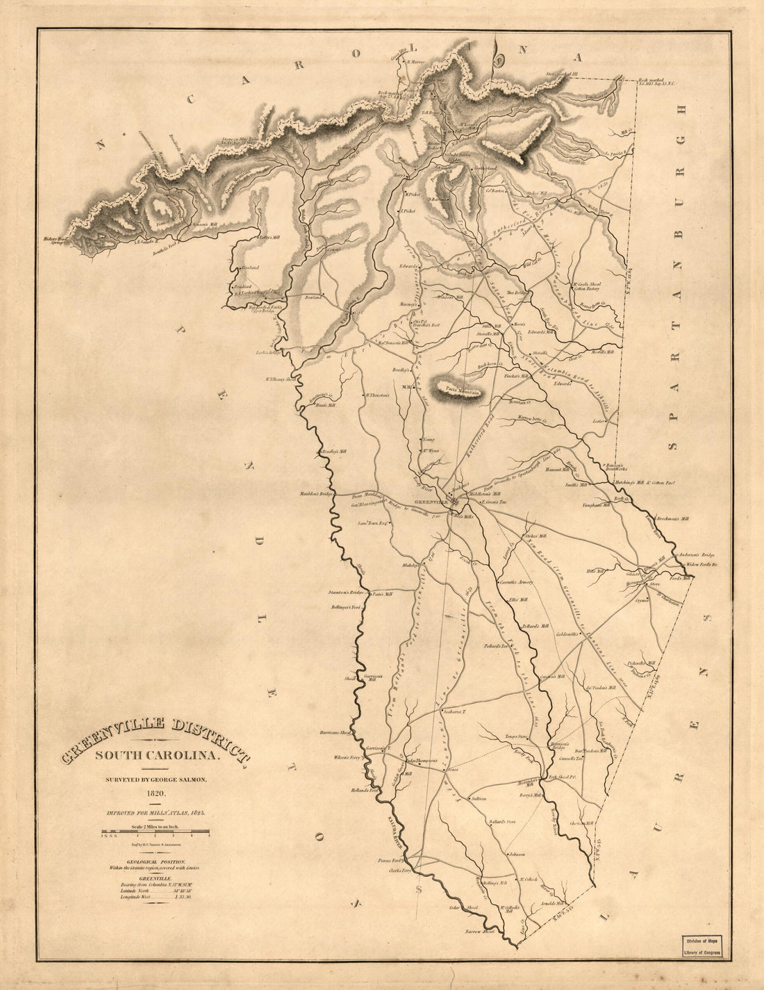 This old map of Greenville District, South Carolina from 1825 was created by Robert Mills, George Salmon, Henry Schenck Tanner in 1825