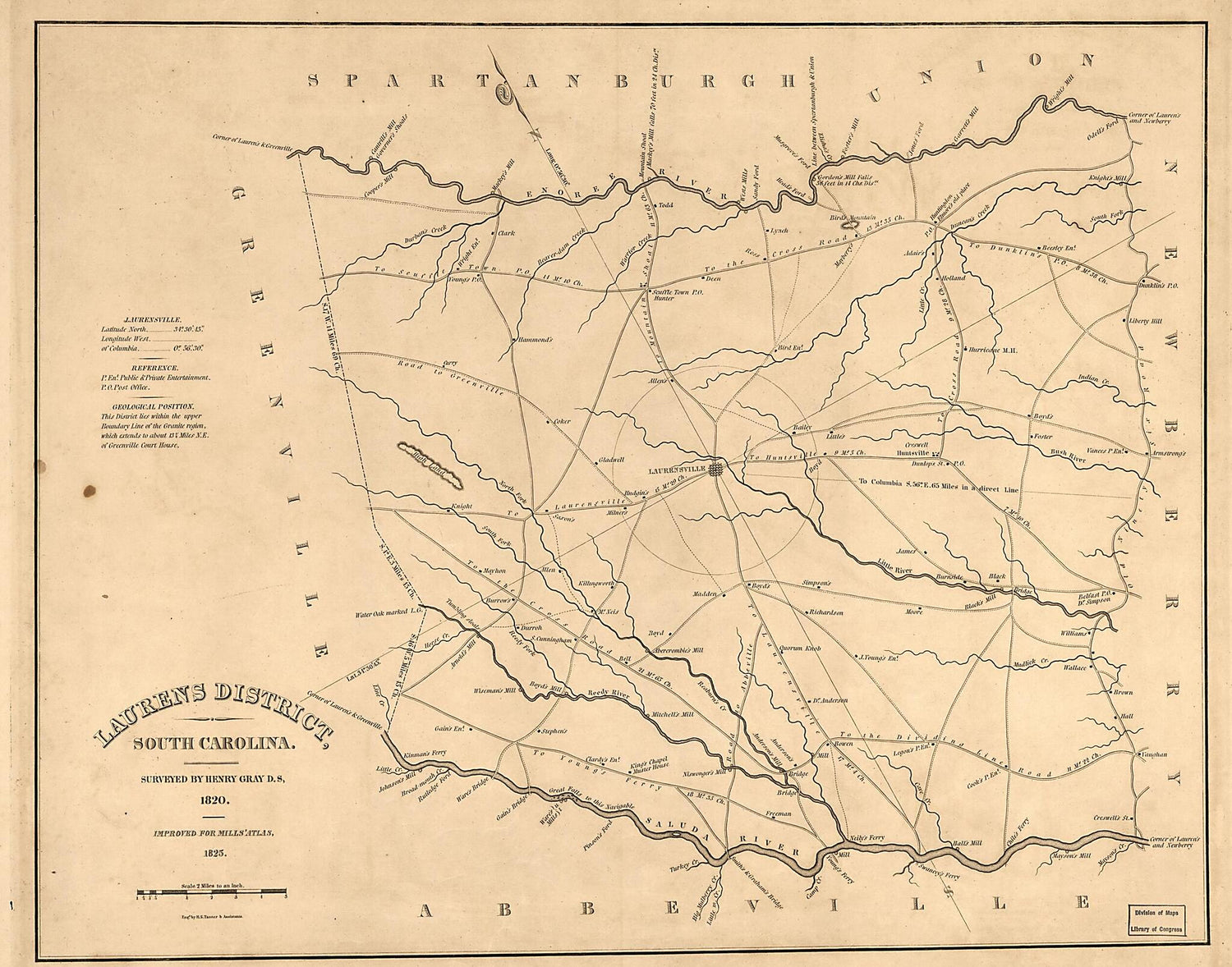 This old map of Laurens District, South Carolina from 1825 was created by Henry Gray, Robert Mills, Henry Schenck Tanner in 1825