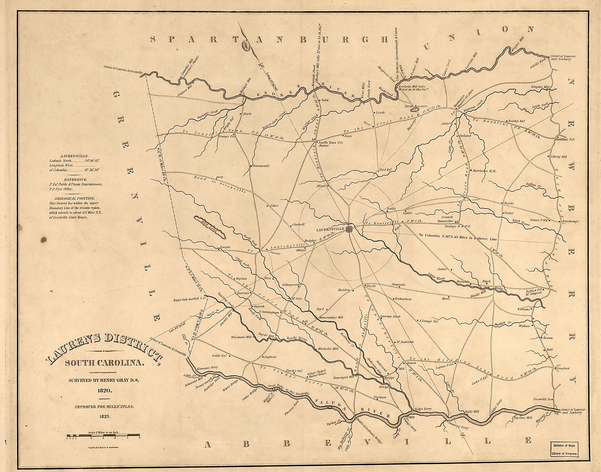 This old map of Laurens District, South Carolina from 1825 was created by Henry Gray, Robert Mills, Henry Schenck Tanner in 1825