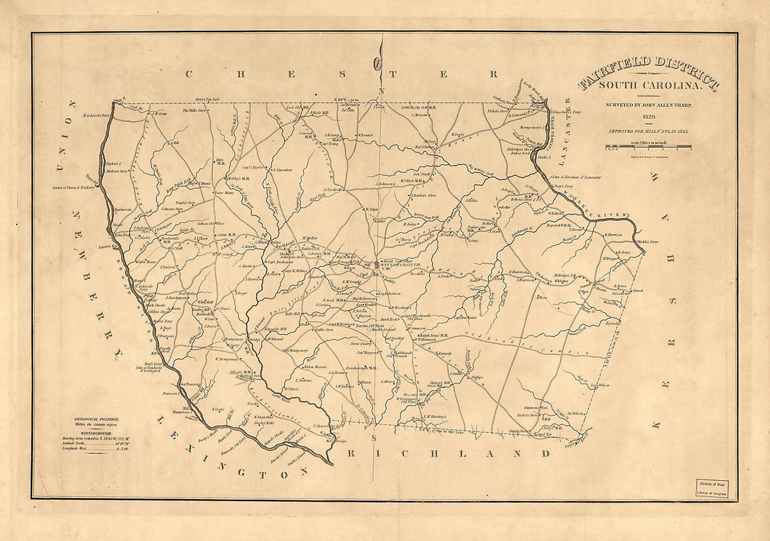 This old map of Fairfield District, South Carolina from 1825 was created by Robert Mills, Henry Schenck Tanner, John Allen Tharp in 1825