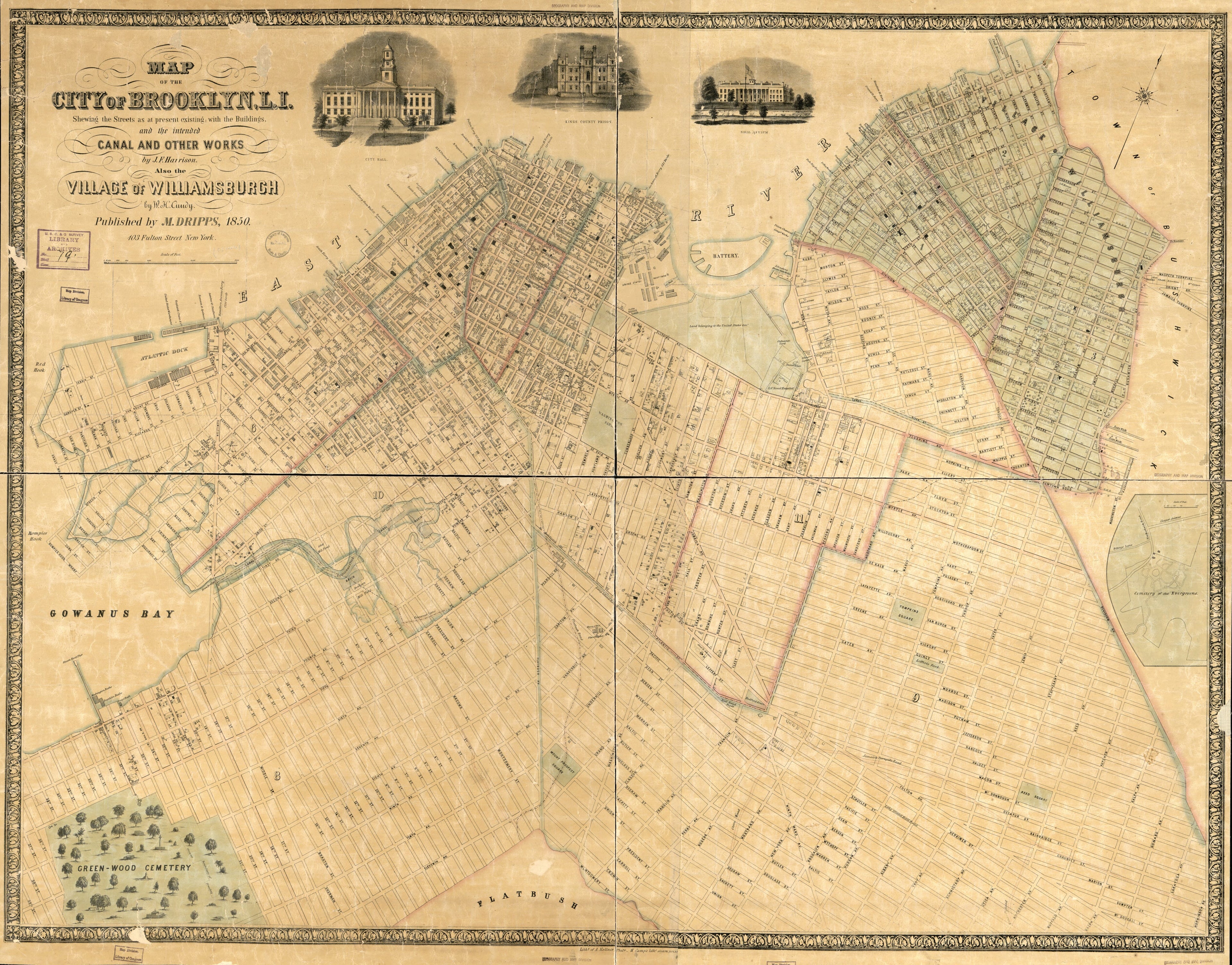 This old map of Map of the City of Brooklyn, L.I. : Shewing the Streets As at Present Existing With the Buildings and the Intended Canal and Other Works : Also the Village of Williamsburgh from 1850 was created by W. H. Cundy, M. (Matthew) Dripps, John F