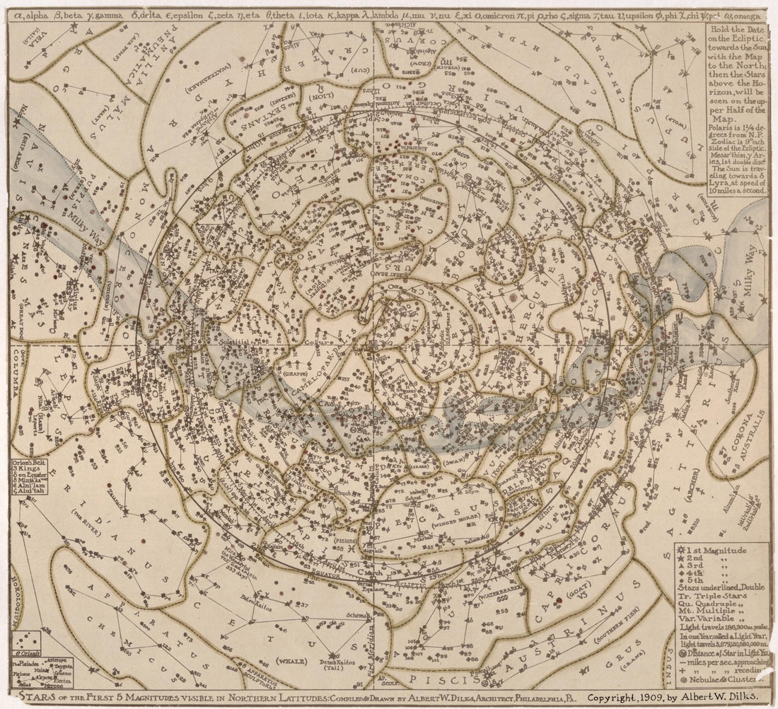 This old map of Stars of the First 5 Magnitudes Visible In Northern Latitudes (Stars of the First Five Magnitudes Visible In Northern Latitudes) from 1909 was created by Albert W. Dilks in 1909