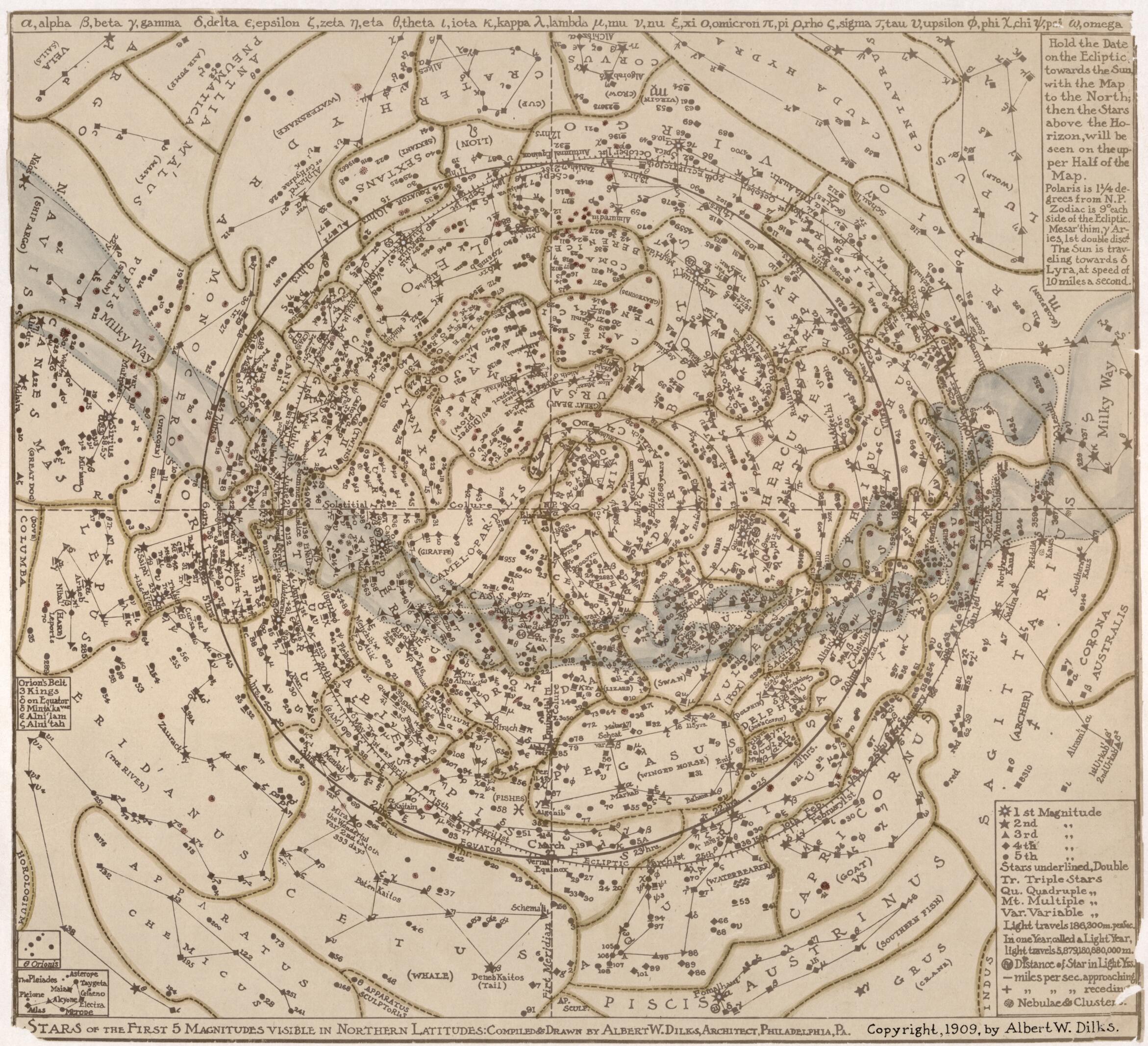 This old map of Stars of the First 5 Magnitudes Visible In Northern Latitudes (Stars of the First Five Magnitudes Visible In Northern Latitudes) from 1909 was created by Albert W. Dilks in 1909