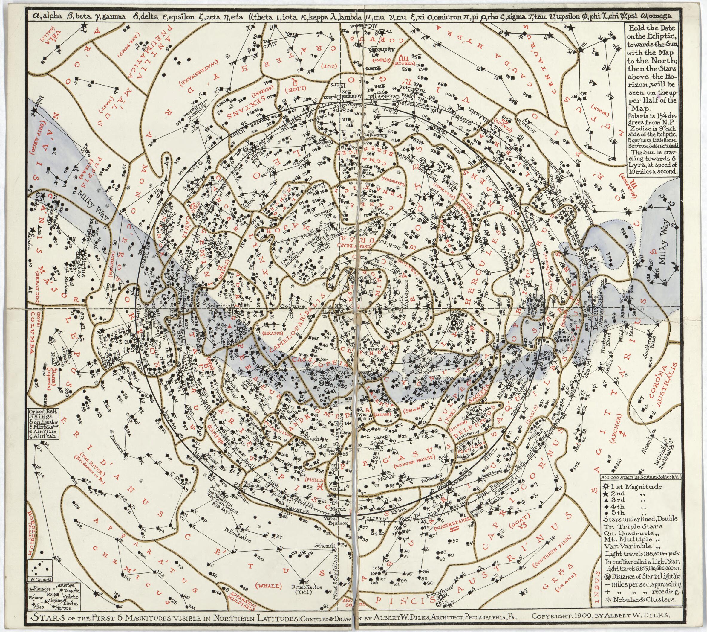 This old map of Stars of the First 5 Magnitudes Visible In Northern Latitudes (Stars of the First Five Magnitudes Visible In Northern Latitudes) from 1909 was created by Albert W. Dilks in 1909