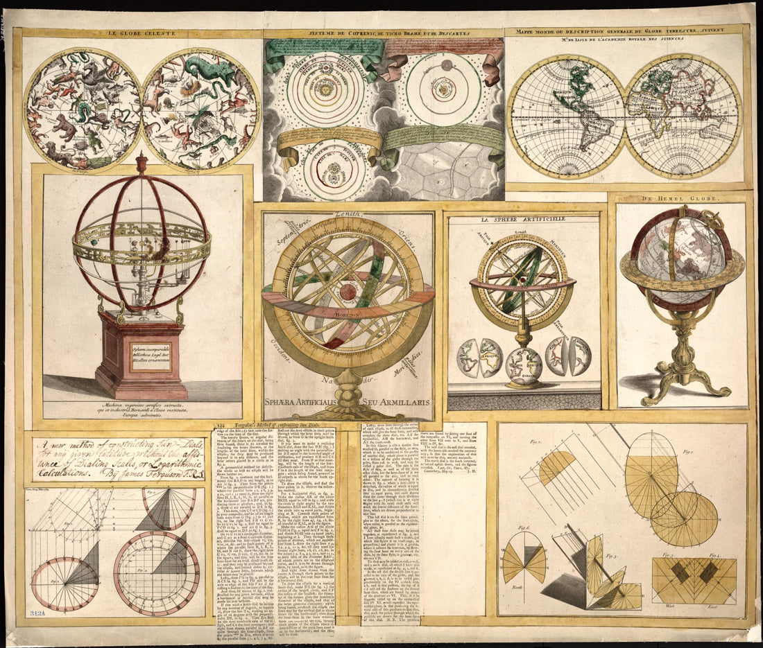 This old map of Collection of Nine Images Including Astronomical Instruments, Celestial Charts, and a World Map from 1769 was created by James Ferguson in 1769