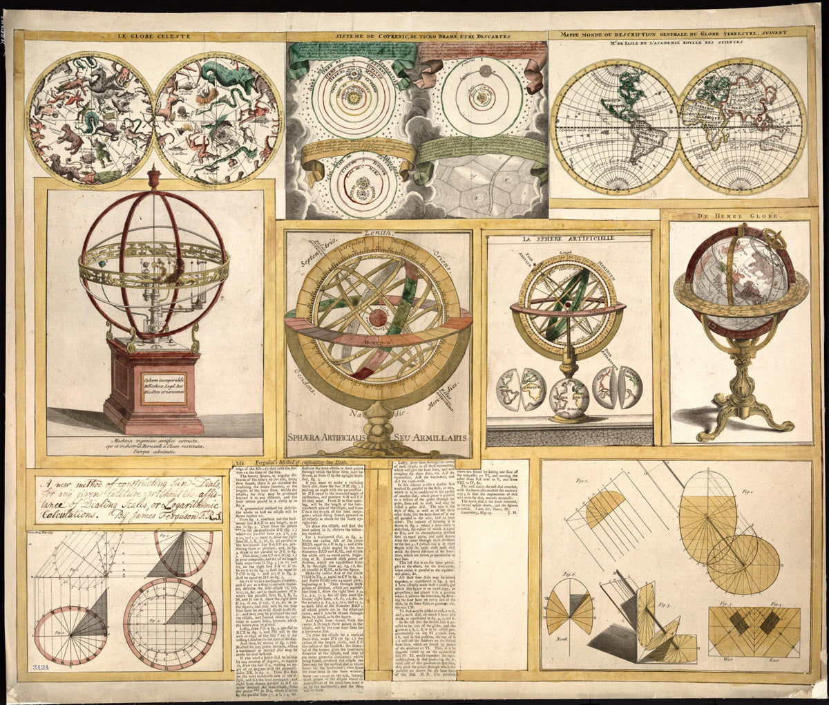 Collection of Nine Images Including Astronomical Instruments, Celestial Charts, and a World Map 1769 by Relic Map Company