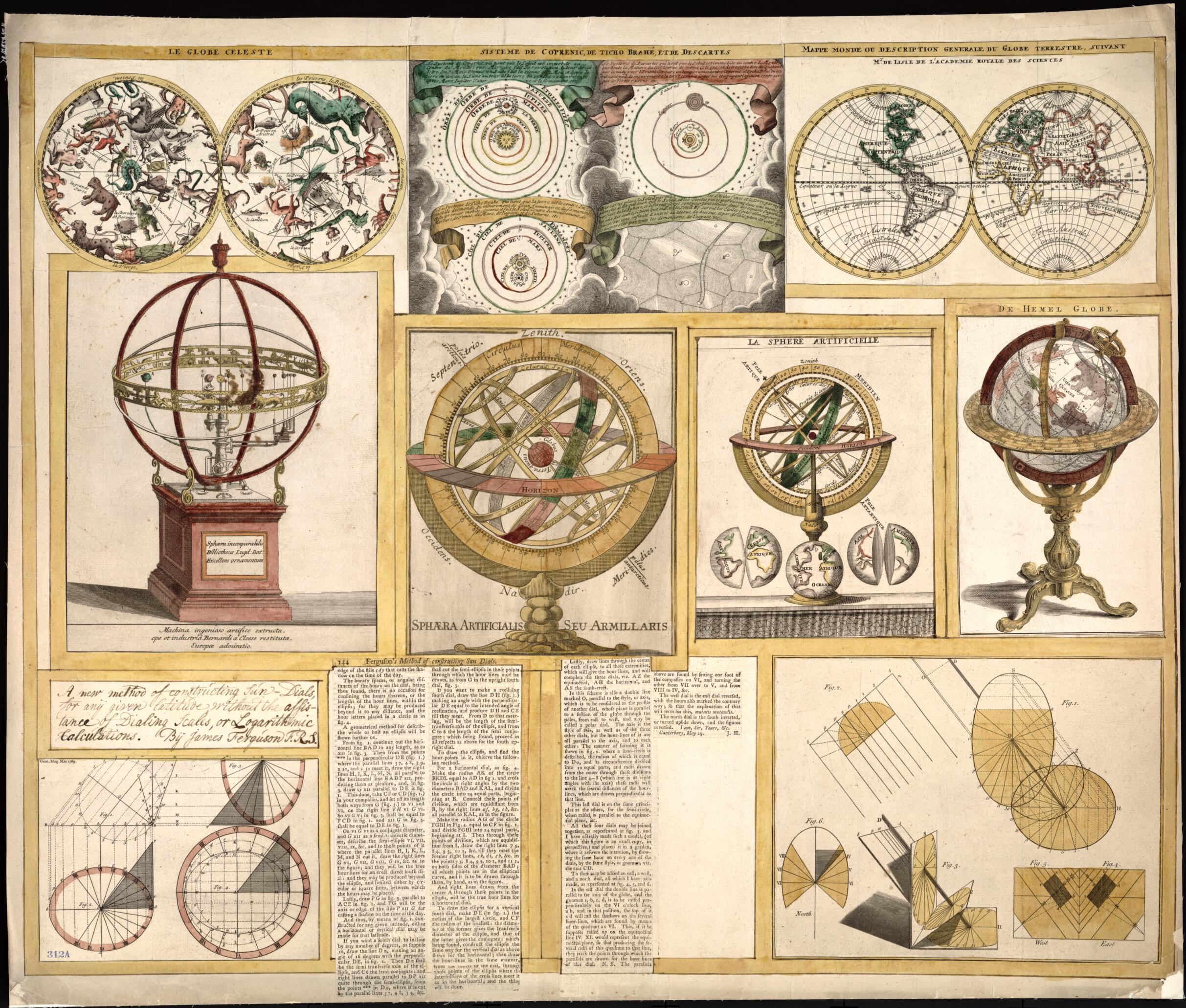 This old map of Collection of Nine Images Including Astronomical Instruments, Celestial Charts, and a World Map from 1769 was created by James Ferguson in 1769