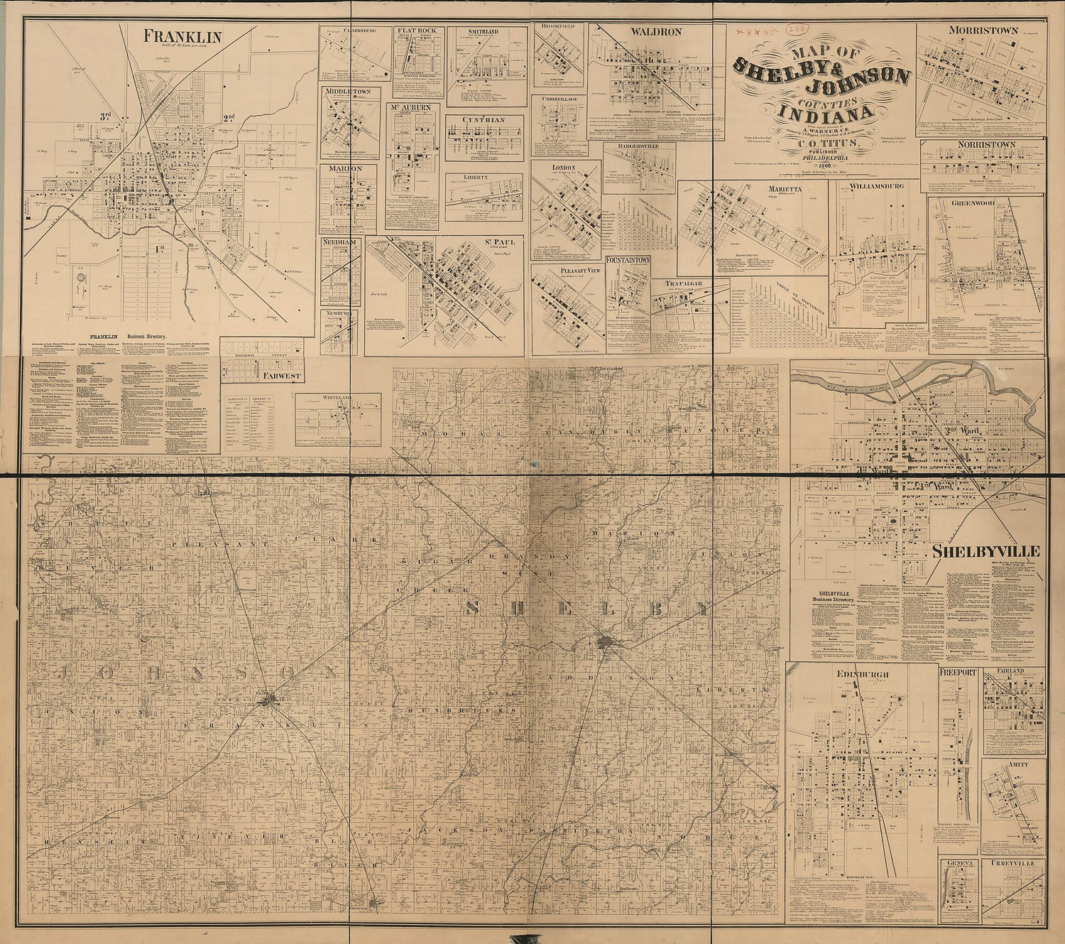 This old map of Map of Shelby &amp; Johnson Counties, Indiana from 1866 was created by F. (Frederick) Bourquin, A. Warner in 1866