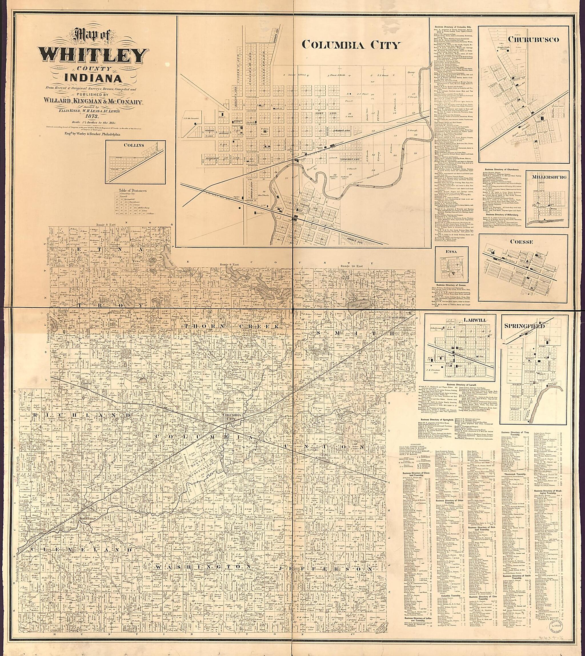 This old map of Map of Whitley County, Indiana from 1900 was created by Kingman &amp; McConahy Willard,  Worley &amp; Bracher in 1900