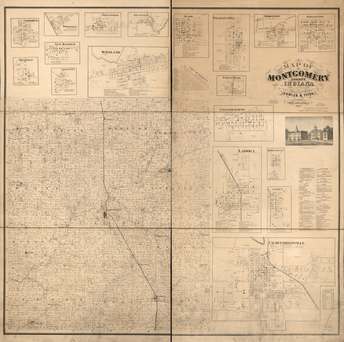 This old map of Map of Montgomery County, Indiana from 1864 was created by F. (Frederick) Bourquin, D. J. Lake, A. Warner,  Worley &amp; Bracher in 1864