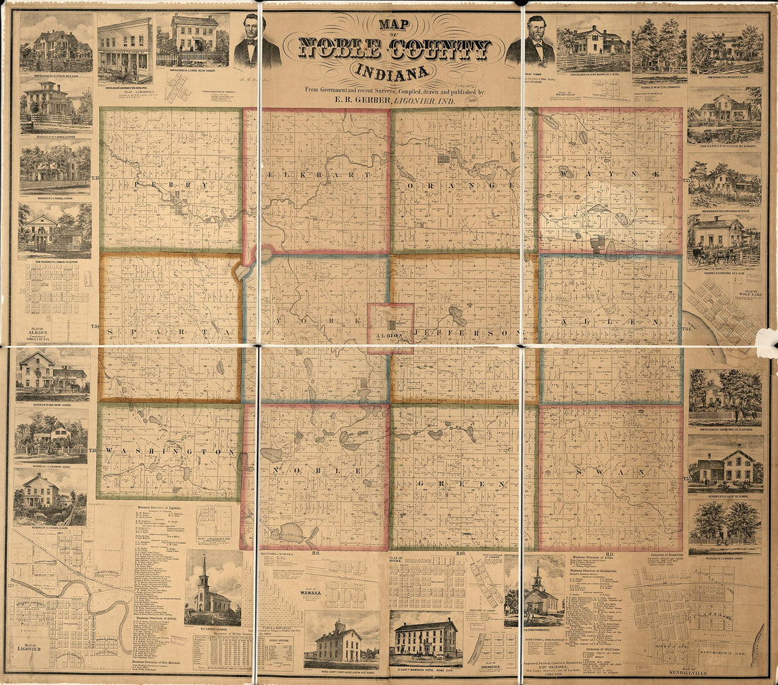 This old map of Map of Noble County, Indiana from 1860 was created by E. B. Gerber, Edward Mendel in 1860
