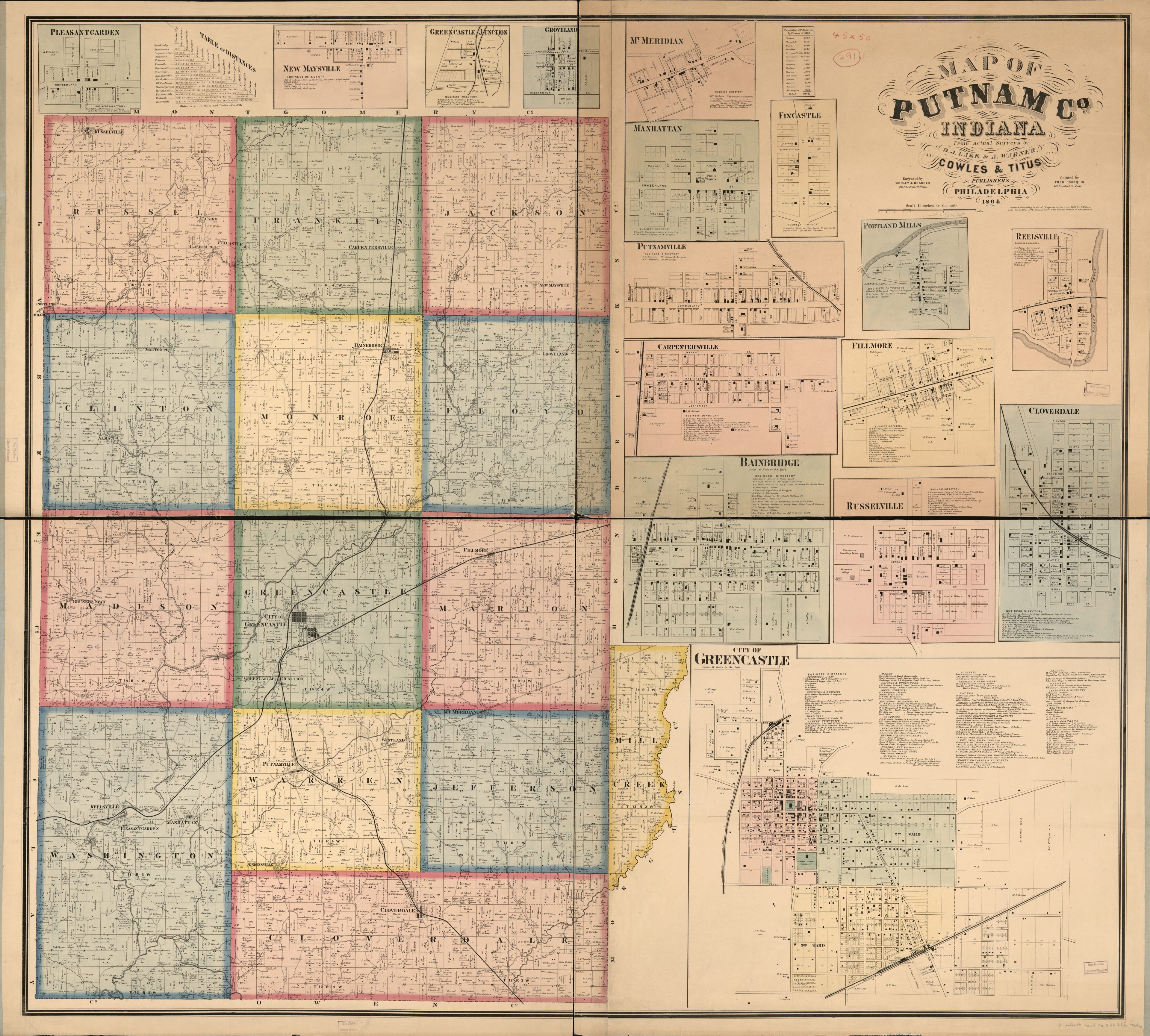 This old map of Map of Putnam Co., Indiana from 1864 was created by D. J. Lake, A. Warner,  Worley &amp; Bracher in 1864