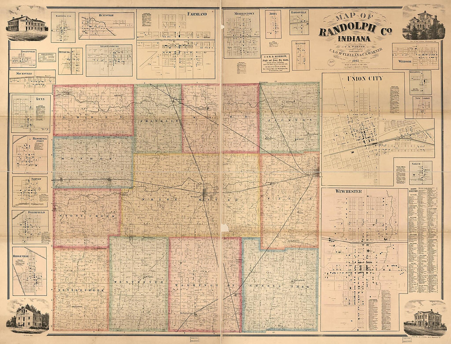 This old map of Map of Randolph County, Indiana (Map of Randolph County, Indiana) from 1865 was created by C. A. O. McClellan, C. S. Warner, L.C. Warner in 1865