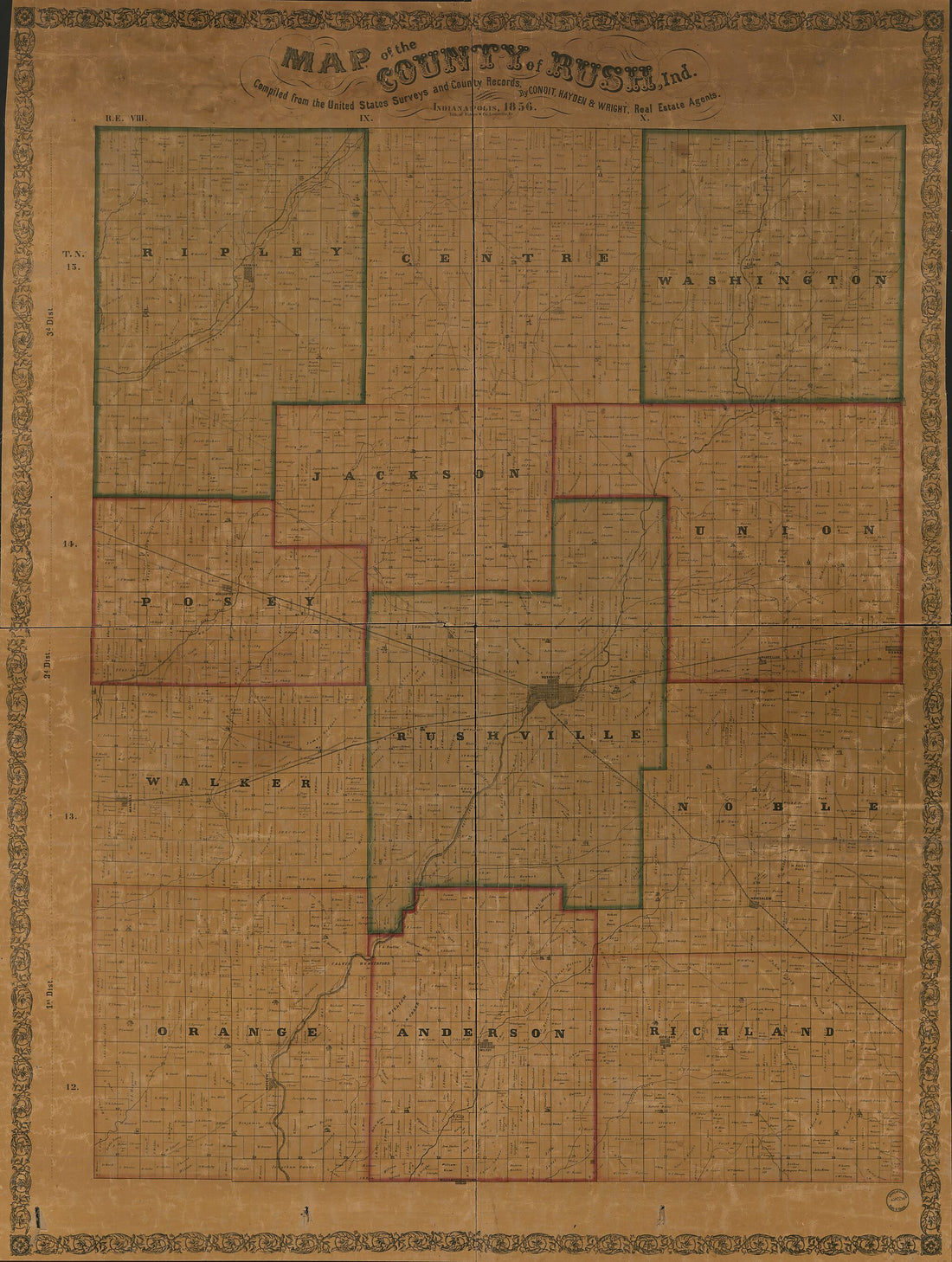 This old map of Map of the County of Rush Ind from 1866 was created by Wright &amp; Hayden Condit,  Robyn &amp; Co in 1866