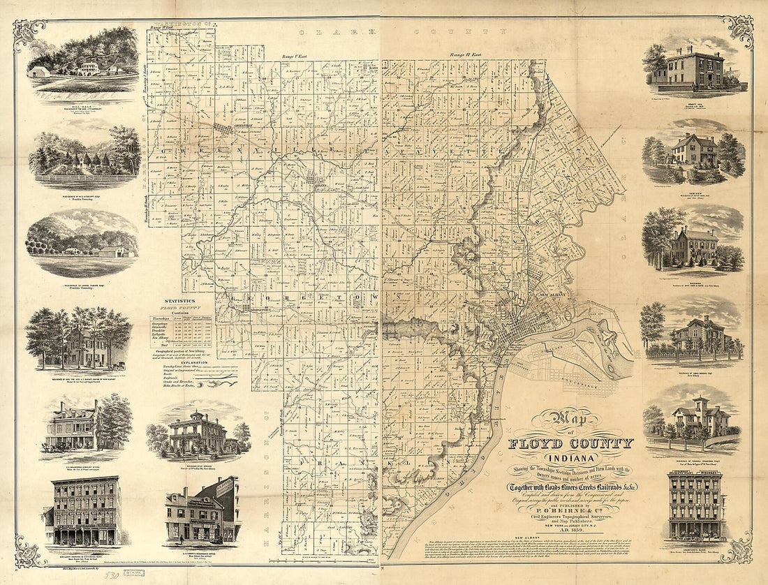 This old map of Map of Floyd County, Indiana : Showing the Townships Sections Divisions and Farm Lands With the Owners&
