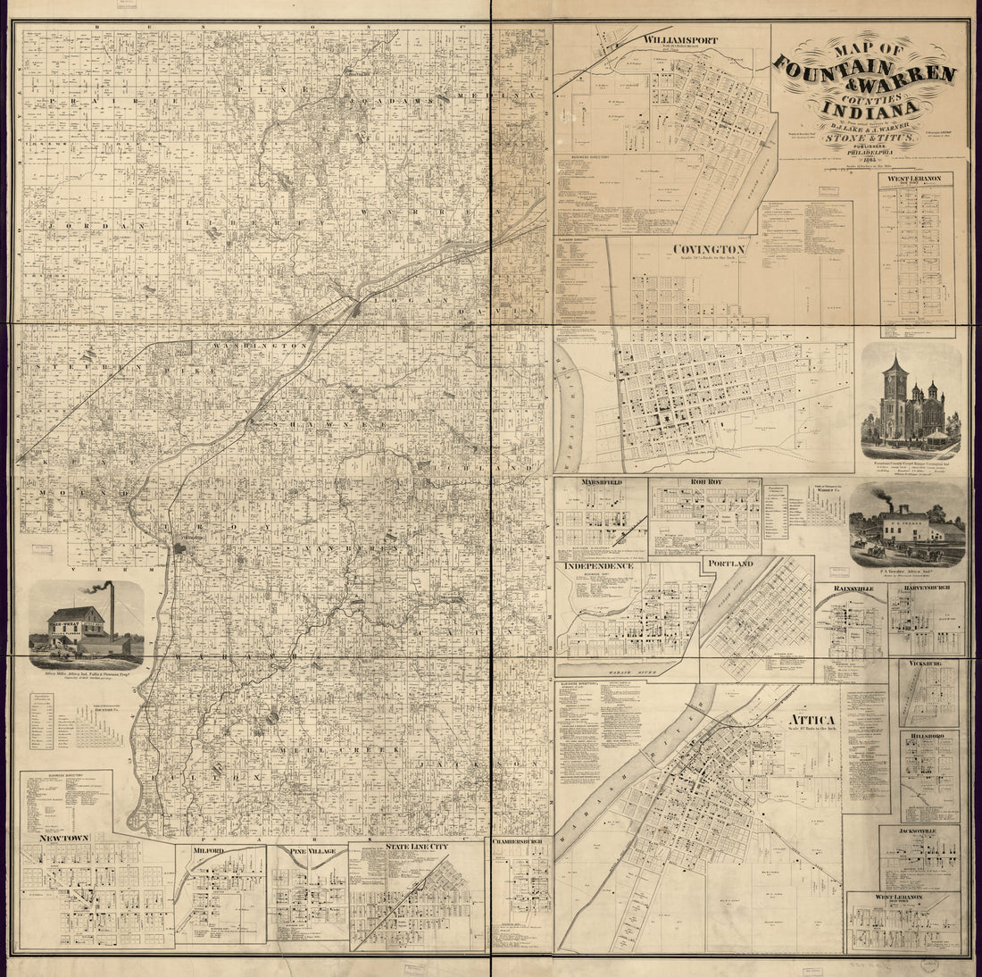 This old map of Map of Fountain &amp; Warren Counties, Indiana (Map of Fountain and Warren Counties, Indiana) from 1865 was created by D. J. Lake, A. Warner,  Worley &amp; Bracher in 1865