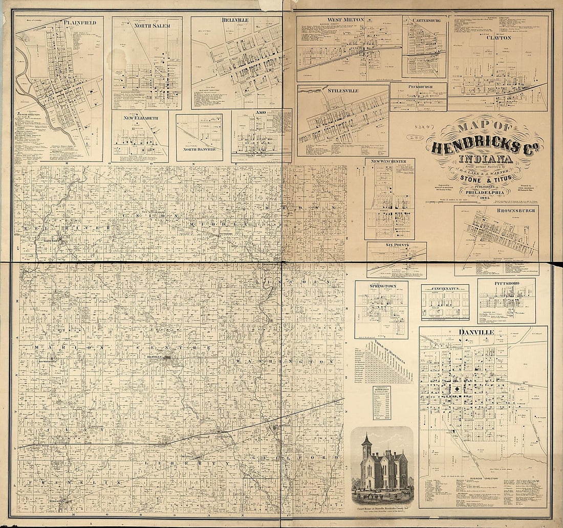 This old map of Map of Hendricks County, Indiana (Map of Hendricks County, Indiana) from 1866 was created by C. S. Warner,  Worley &amp; Bracher in 1866