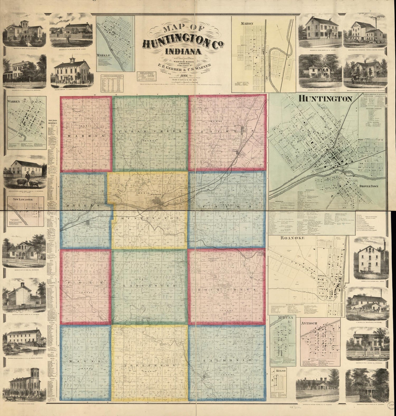 This old map of Map of Huntington Co., Indiana from 1866 was created by Hayes &amp; Warner Warner in 1866