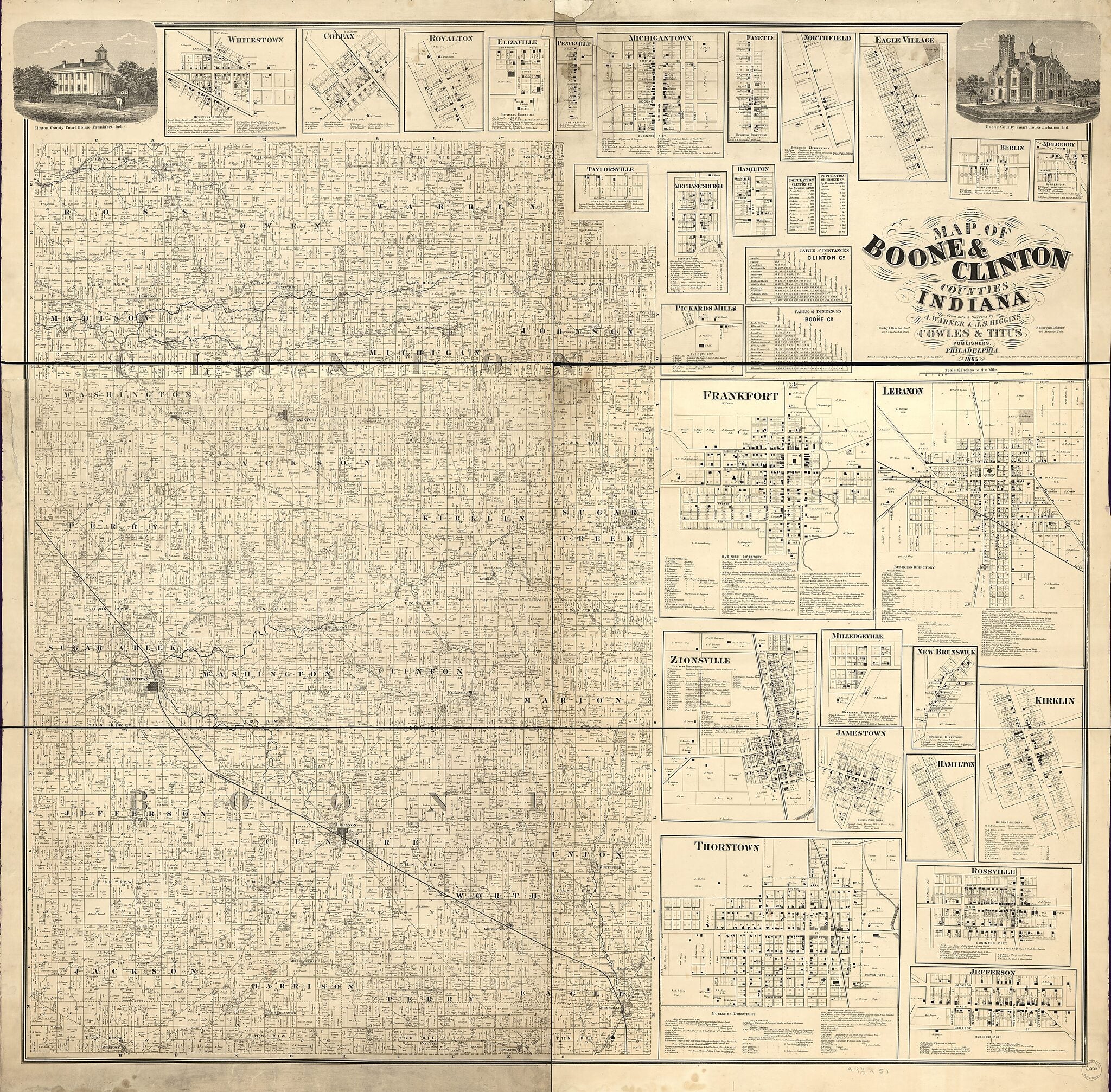 This old map of Map of Boone &amp; Clinton Counties, Indiana from 1865 was created by F. (Frederick) Bourquin, A. Warner,  Worley &amp; Bracher in 1865