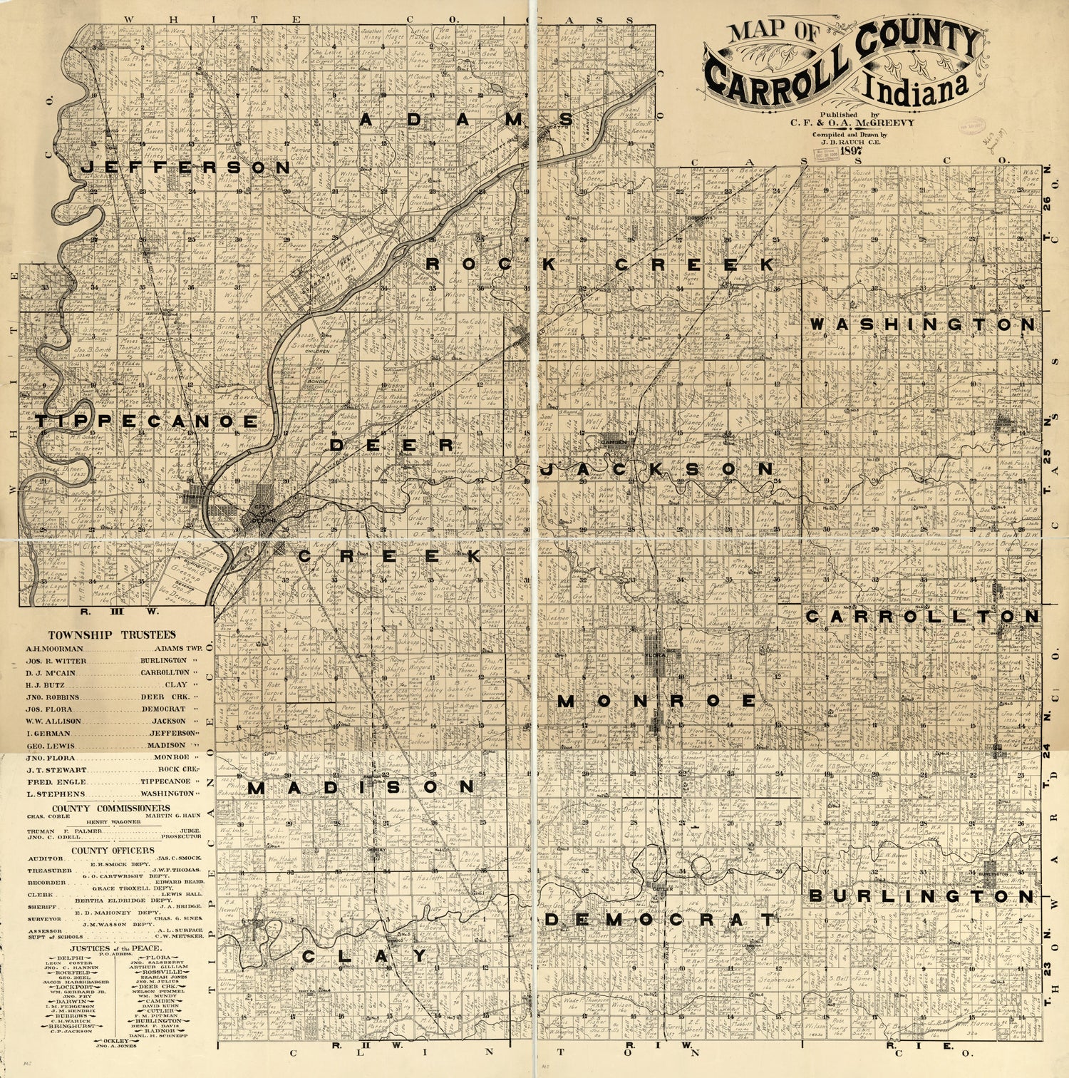 This old map of Map of Carroll County, Indiana from 1897 was created by J. D. Rauch in 1897