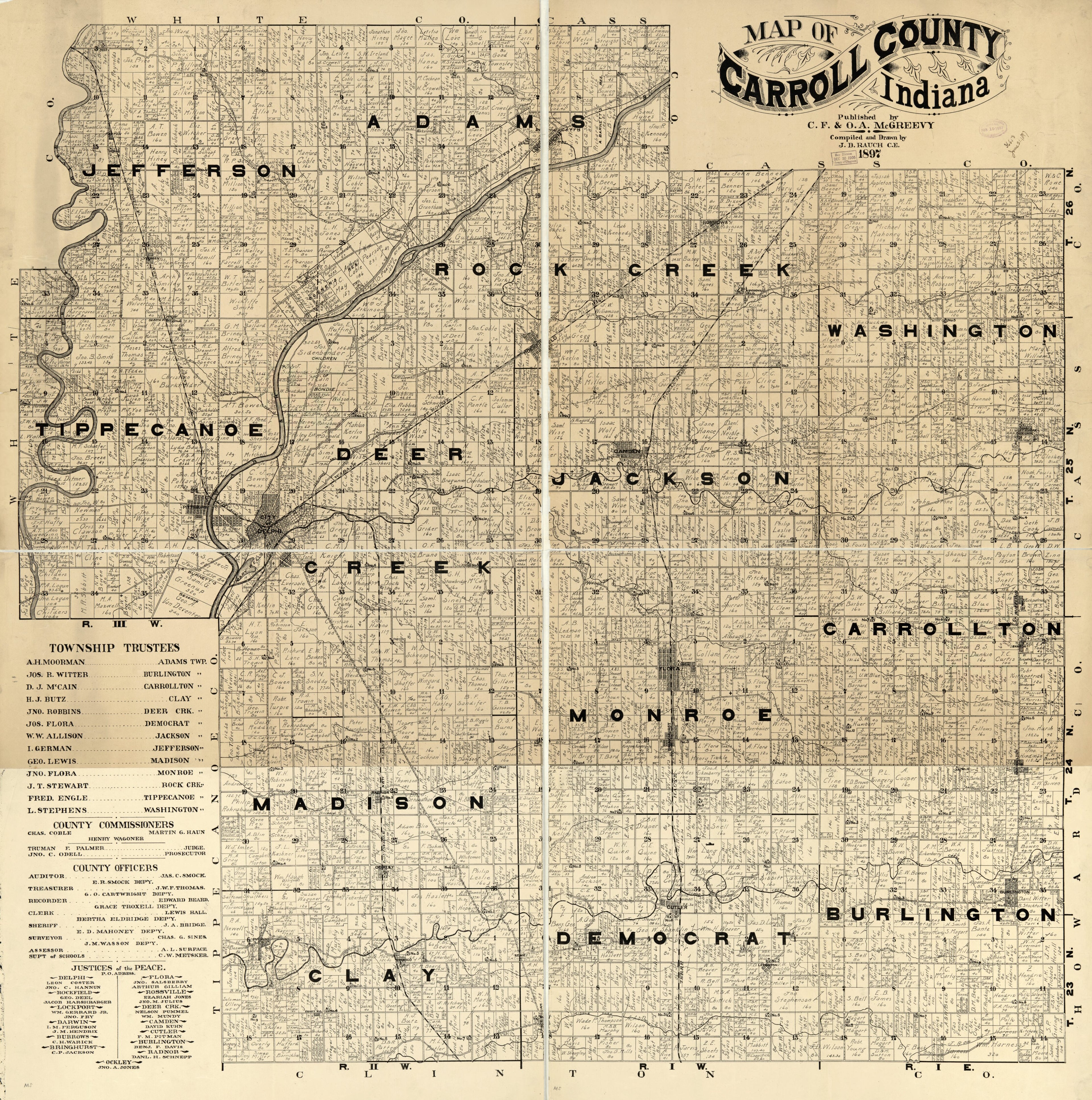 This old map of Map of Carroll County, Indiana from 1897 was created by J. D. Rauch in 1897