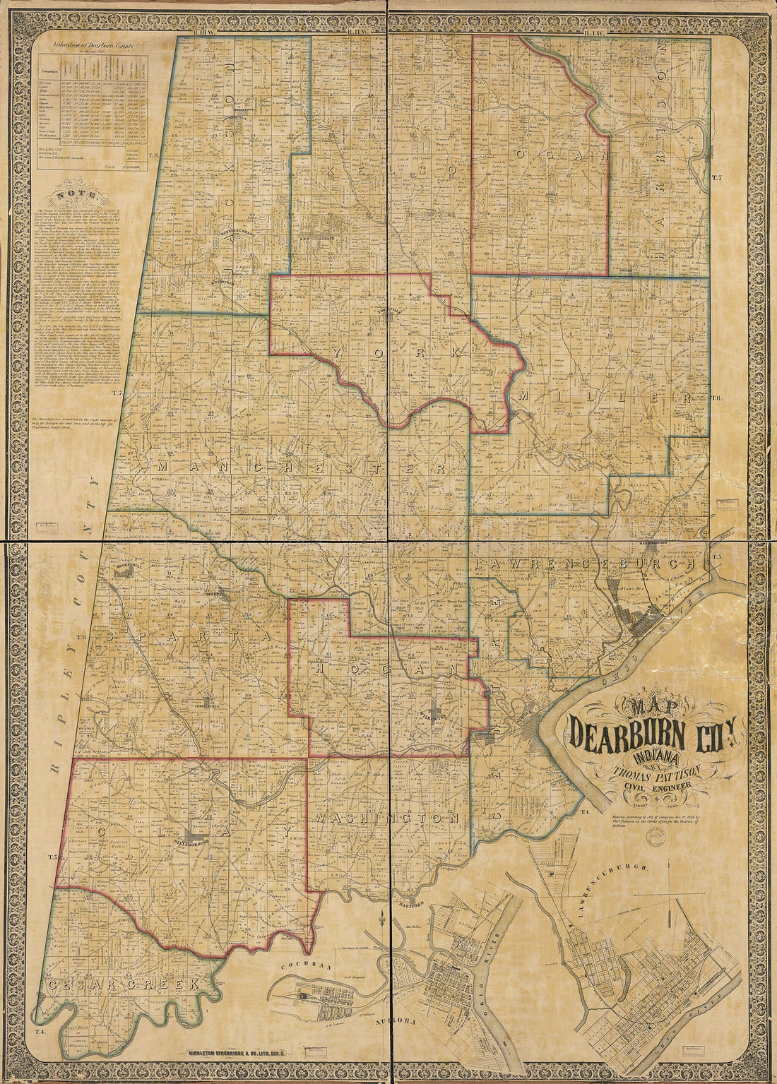This old map of Map of Dearborn Coy., Indiana from 1860 was created by Thomas Pattison in 1860