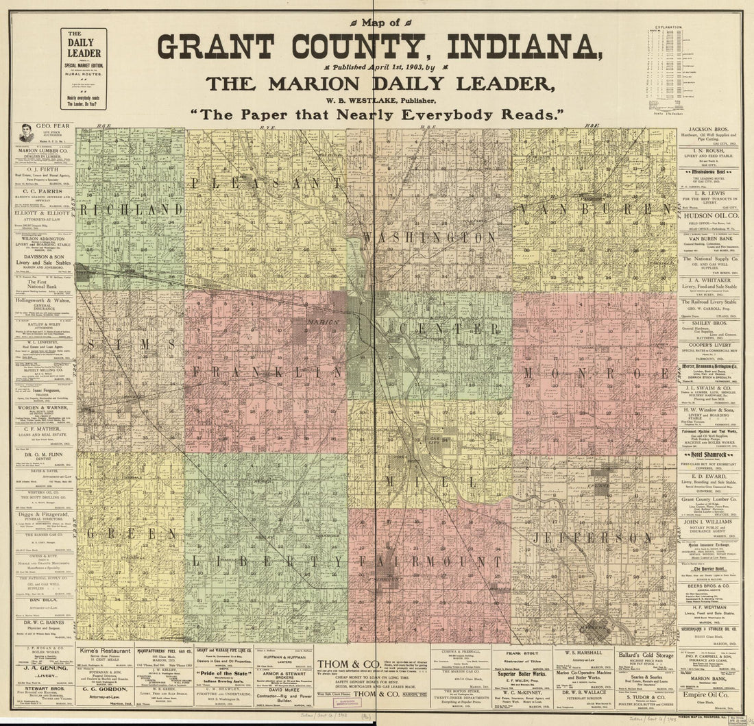This old map of Map of Grant County, Indiana from 1903 was created by W. B. Westlake in 1903