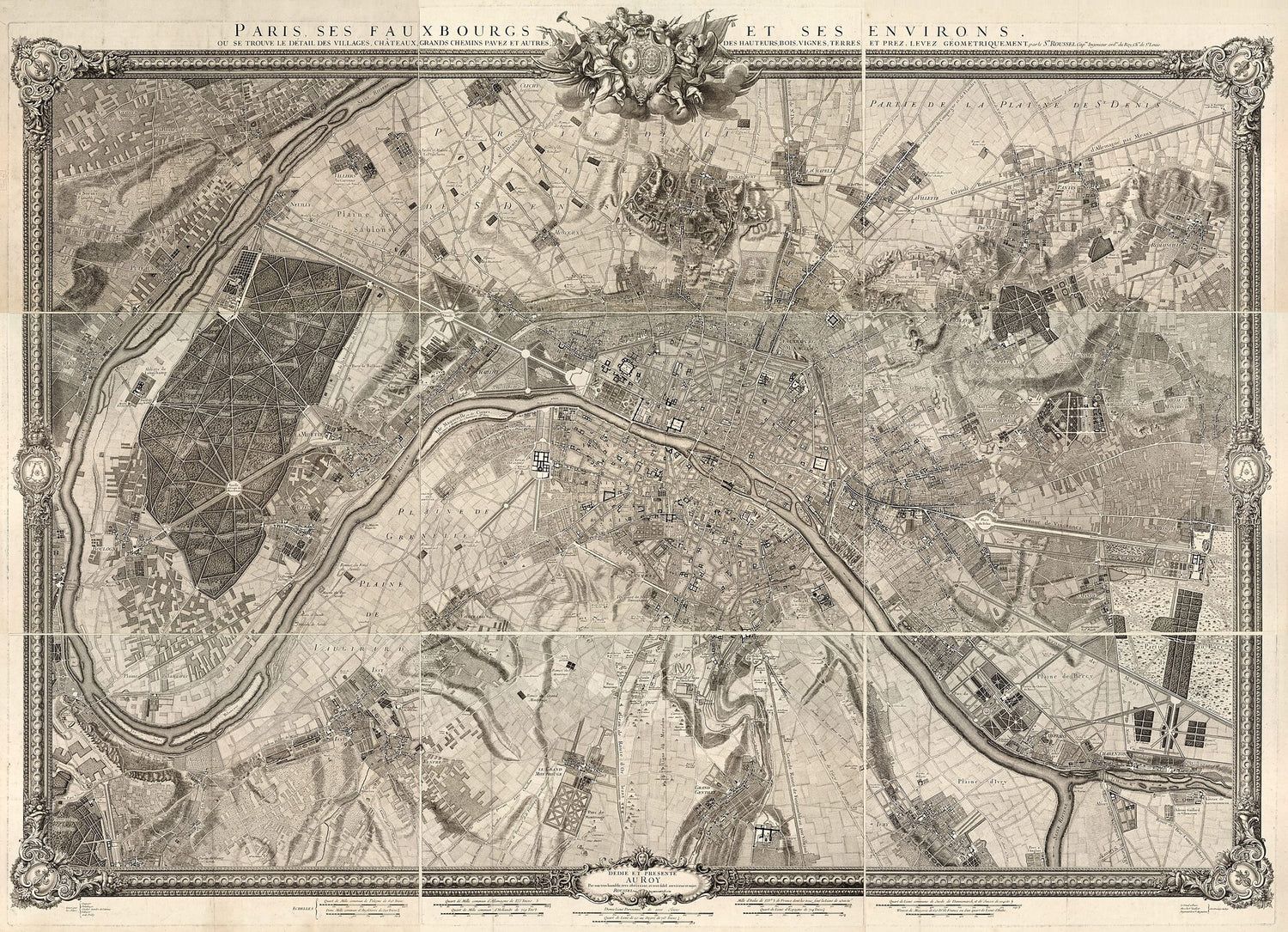 This old map of Paris, Ses Fauxbourgs Et Ses Environs : Où Se Trouve Le Détail Des Villages, Châteaux, Gands Chemins Pavez, Et Autres, Des Hauteurs, Bois, Vignes, Terres, Et Prez, Levez Géometriquement from 1731 was created by  Roussel in 1731