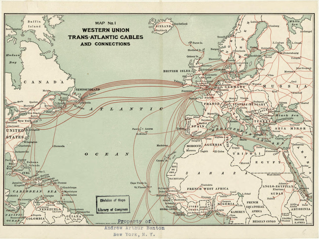 This old map of Atlantic Cables from 1900 was created by  Western Union Telegraph Company in 1900