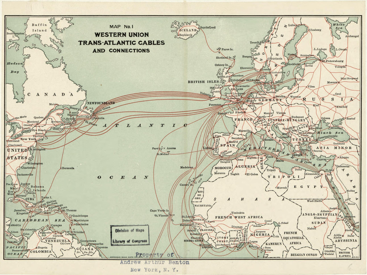 This old map of Atlantic Cables from 1900 was created by  Western Union Telegraph Company in 1900
