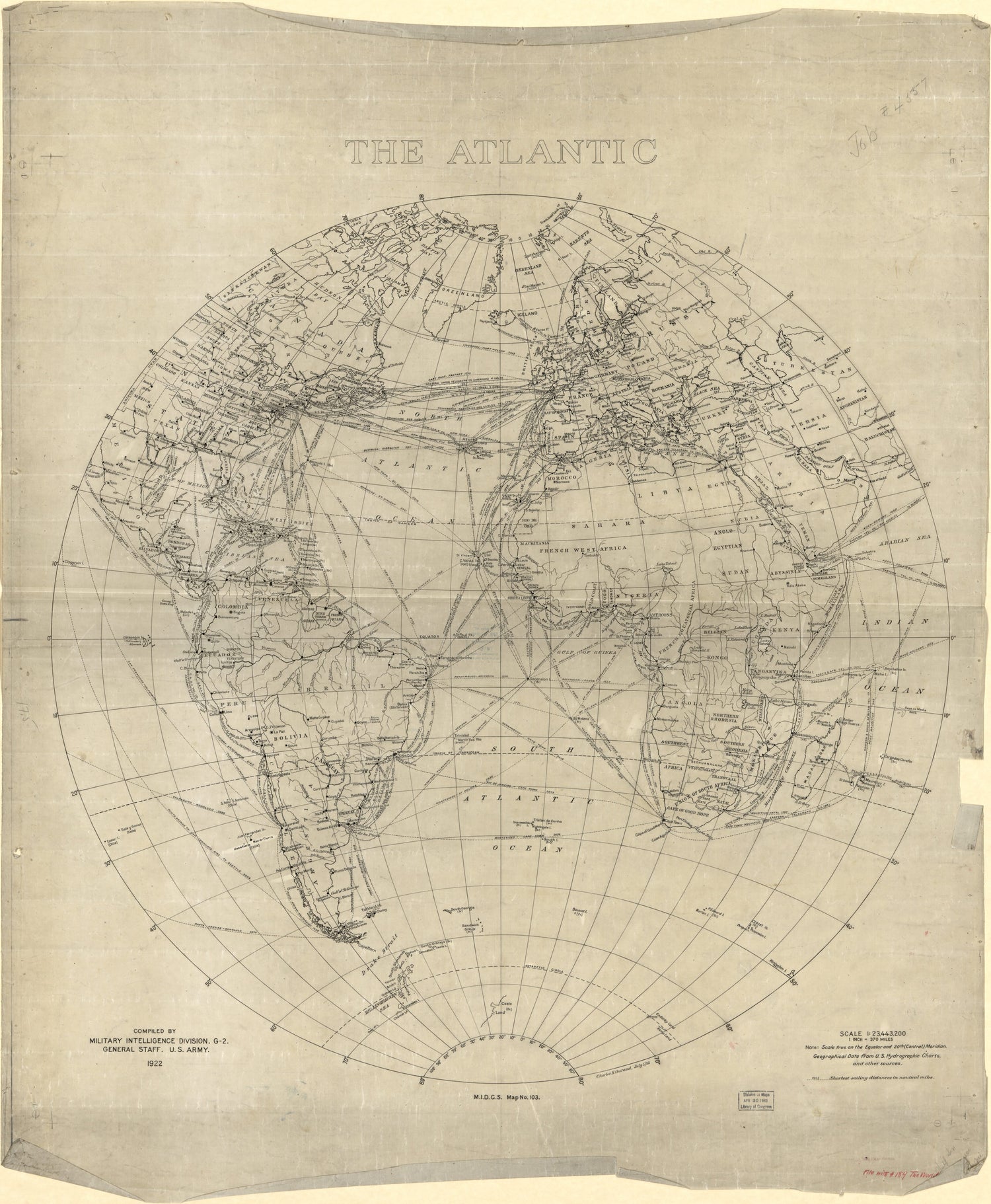 This old map of The Atlantic from 1922 was created by Charles H. Ourand in 1922