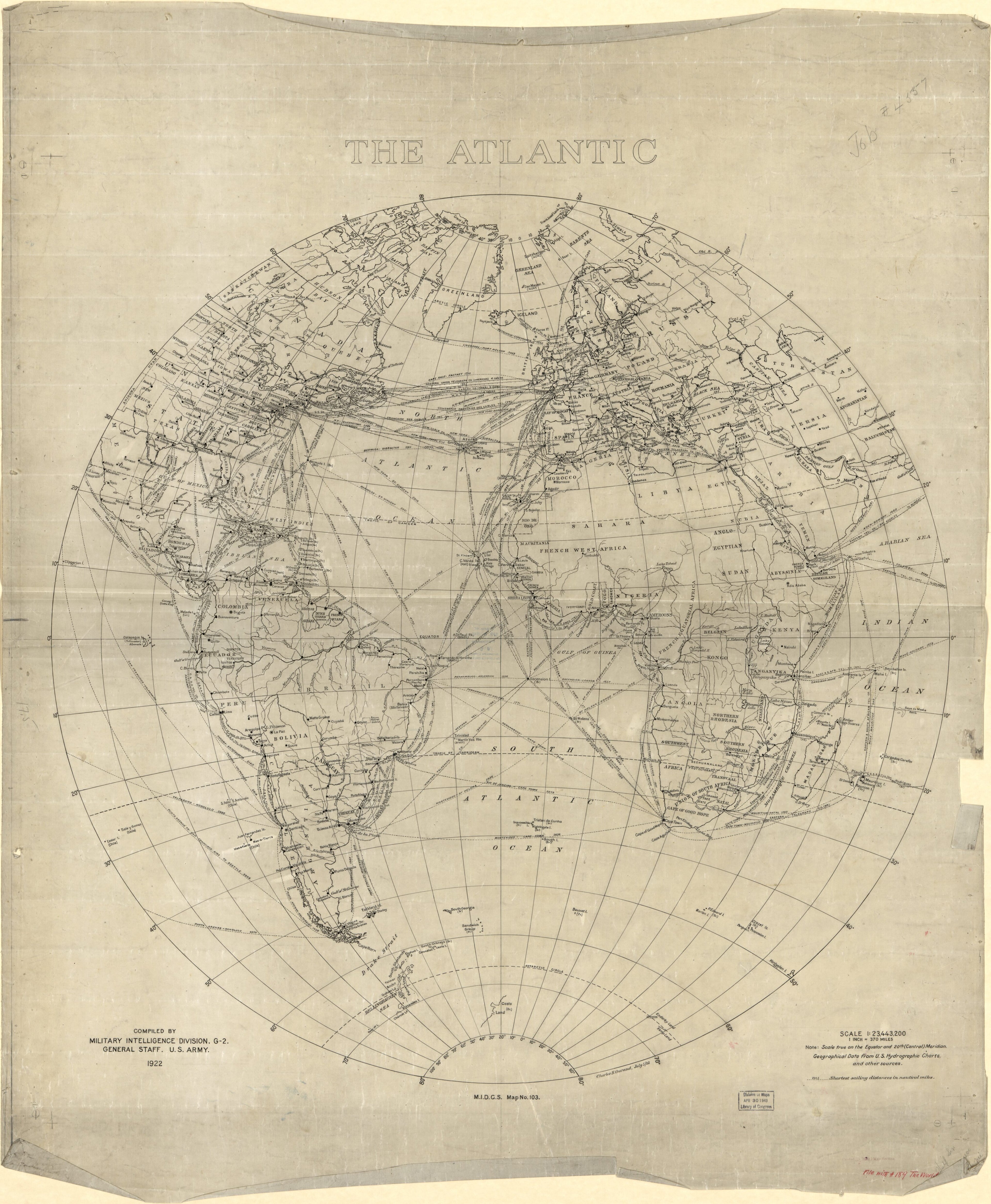 This old map of The Atlantic from 1922 was created by Charles H. Ourand in 1922